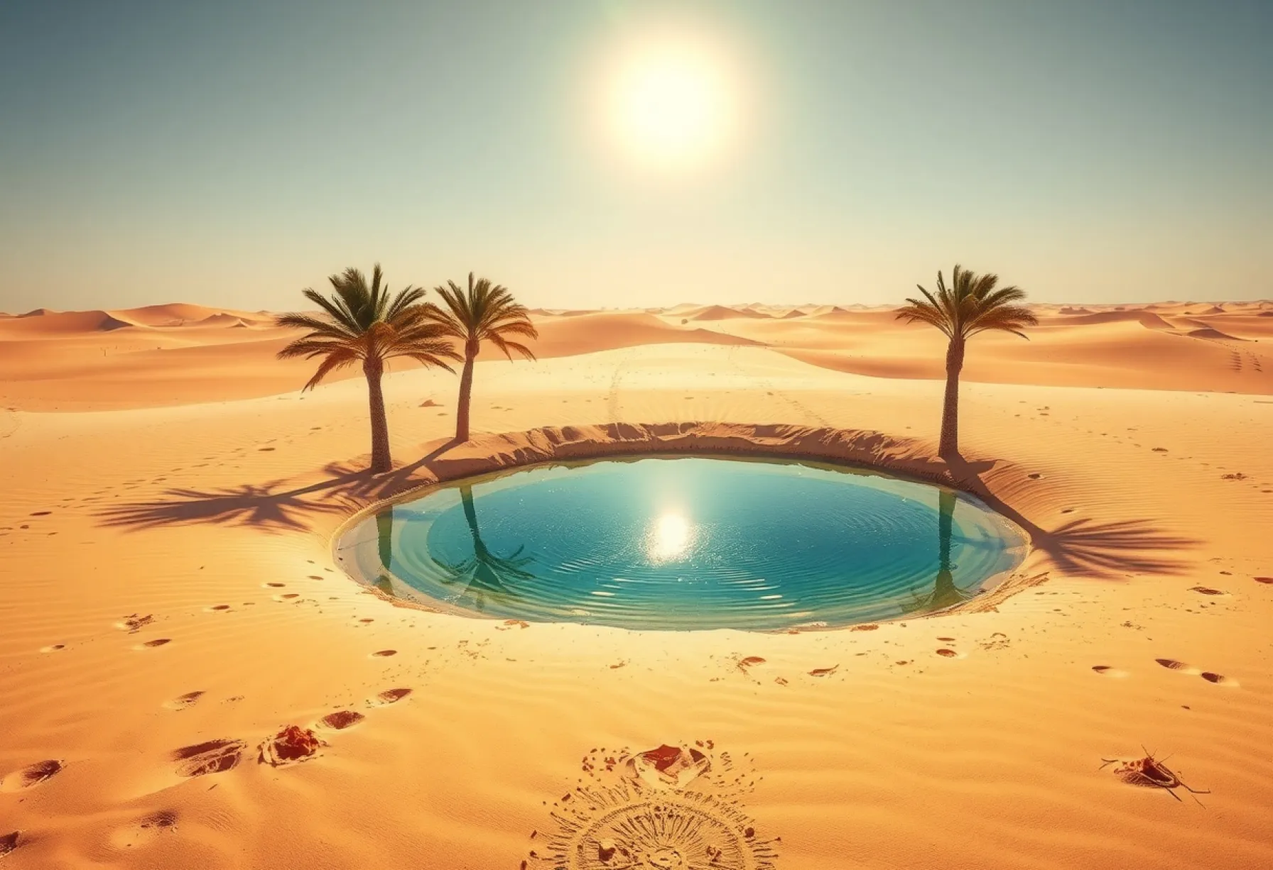 Oase in der Sahara: Eine natürliche Wasserquelle umgeben von Palmen und Wüstenblumen