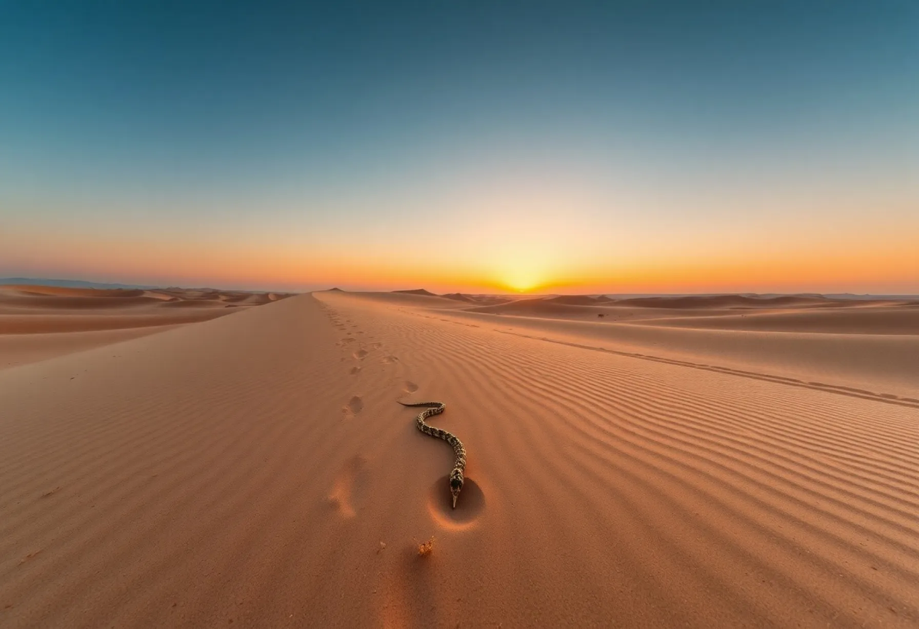 Wüstenlandschaft bei Sonnenuntergang mit Sandviper und Fennek-Spuren