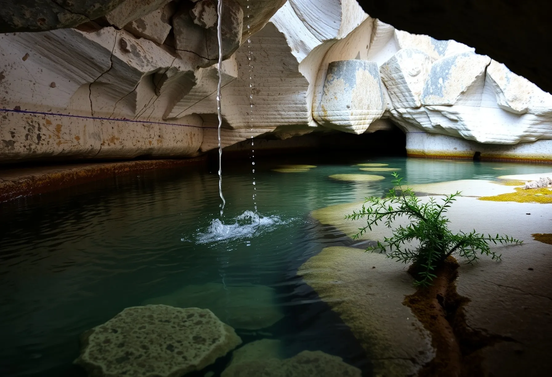 Unterirdische Höhle mit Kalksteinfelsen und mineralischen Ablagerungen: Beschreibung einer natürlichen Wasserquelle