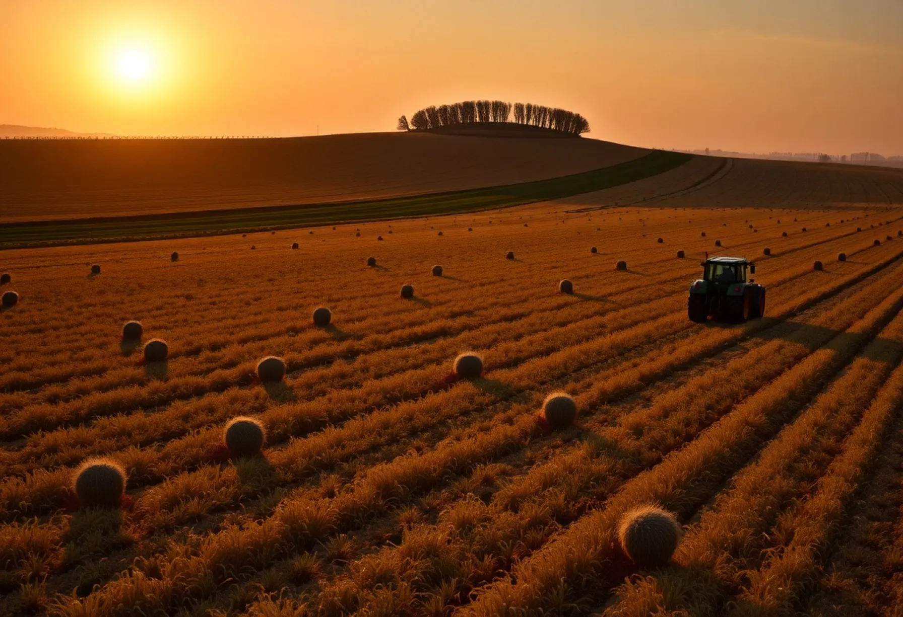 Heufeld unter Abendsonne mit Traktorenspuren und Birken im Hintergrund
