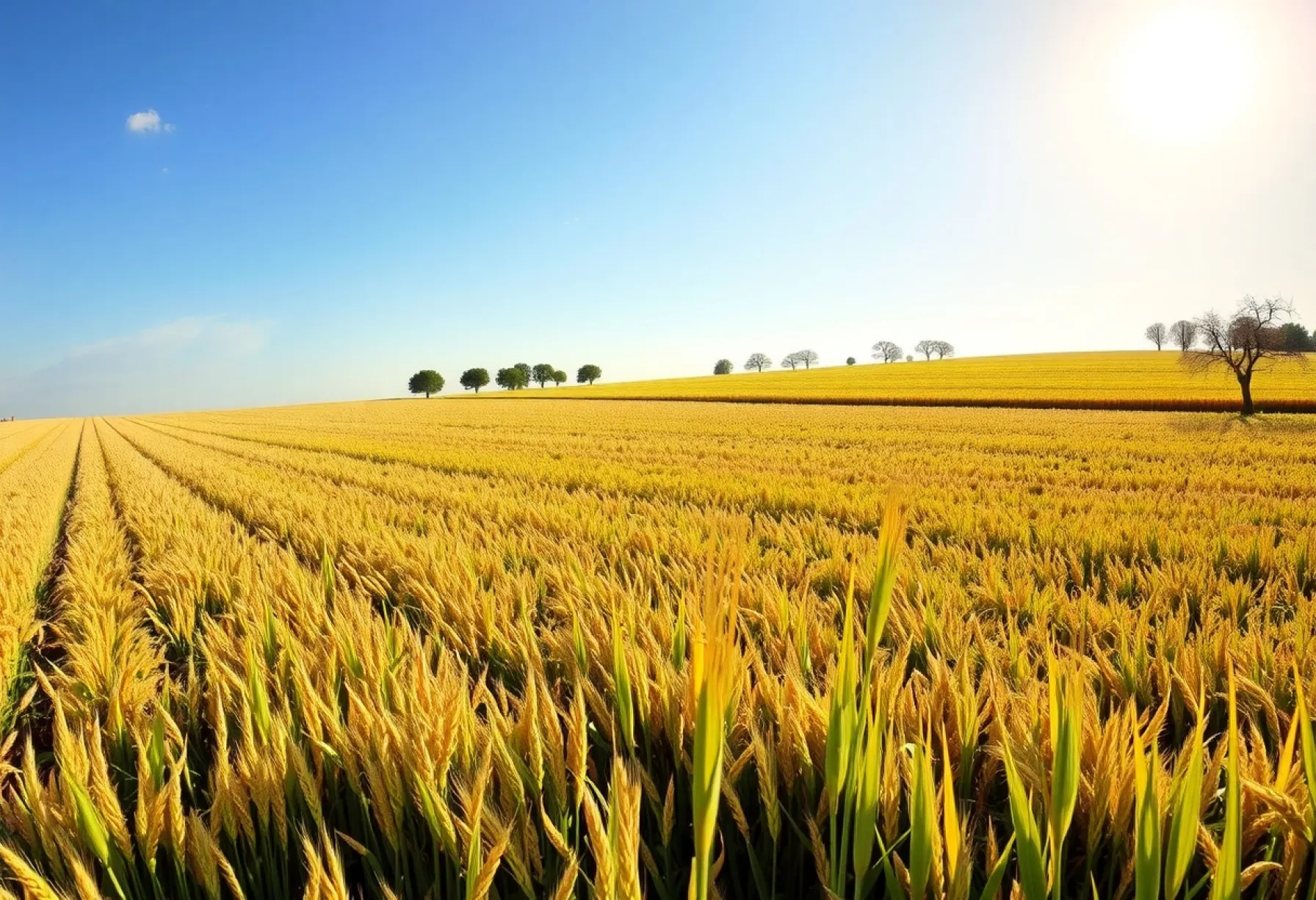 Sommerliche Landschaft mit Heufeld und alten Eichen im Abendlicht