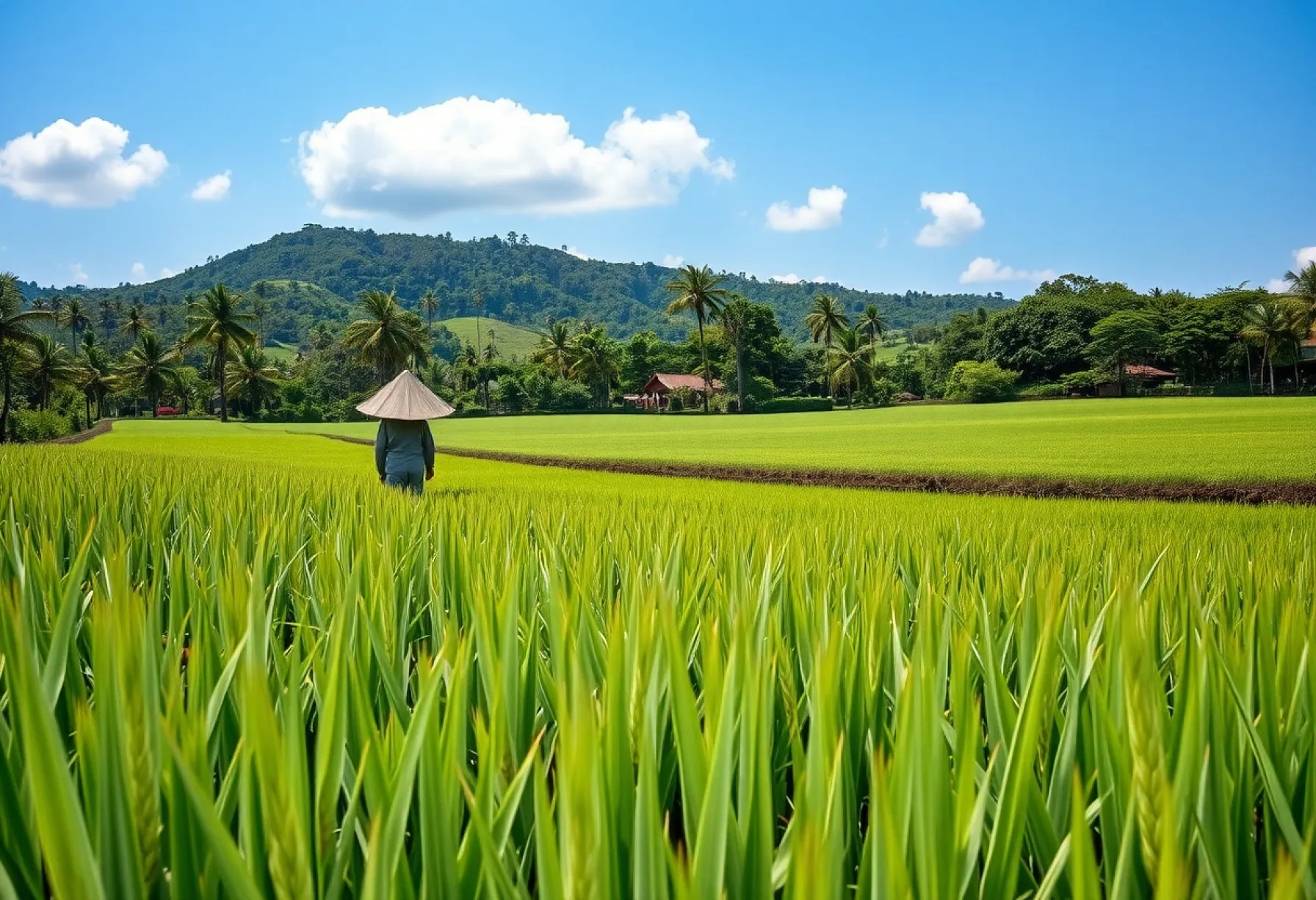 Reisfeld in Ubud, Bali: Sattgrüne Pflanzen, bewaldete Hügel und Bauer bei der Arbeit