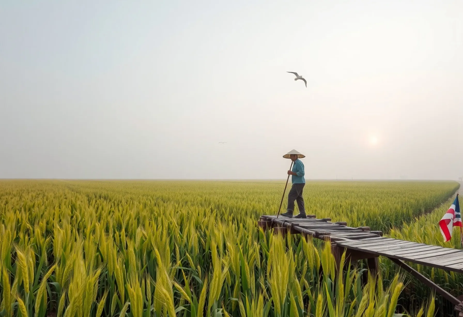 Reisfeld in Vietnam bei Sonnenaufgang: Alltagsszene mit Wasserbüffel und Bauer im Morgennebel