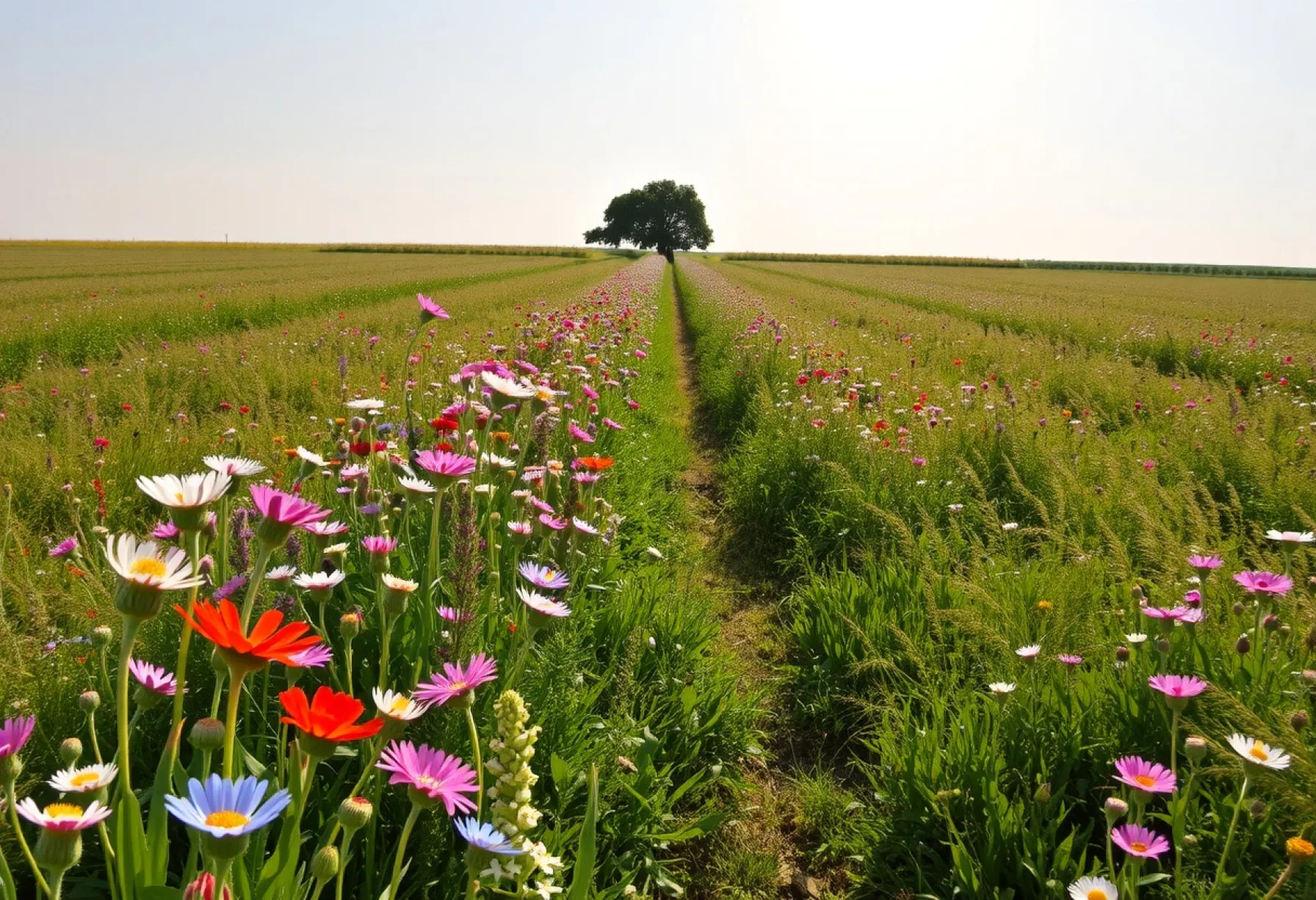 Wildblumenwiese mit Pfad und Baum unter klarem Himmel