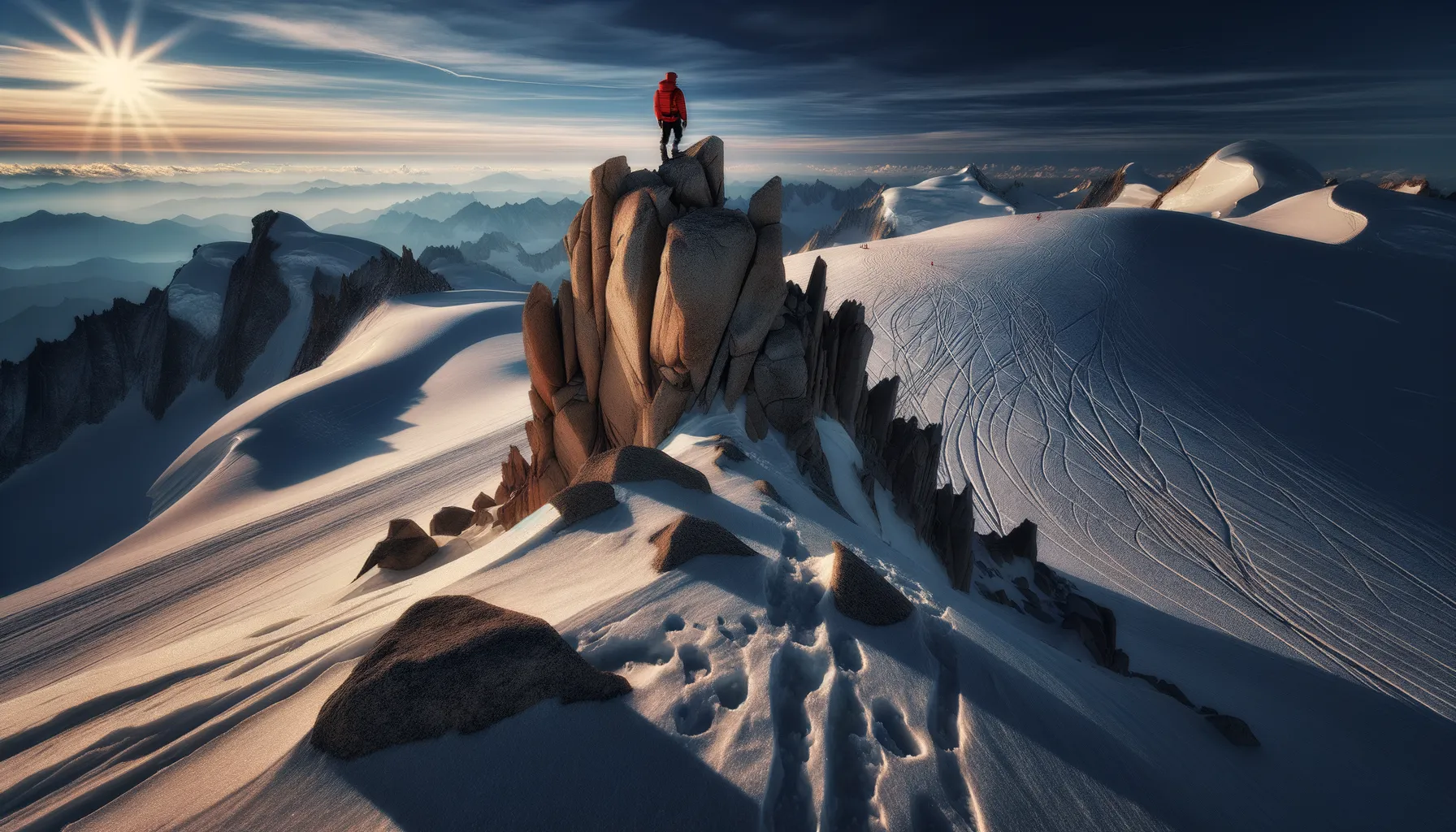 Bergsteiger auf dem Gipfel des Mont Blanc: Winterlandschaft und Alpenpanorama