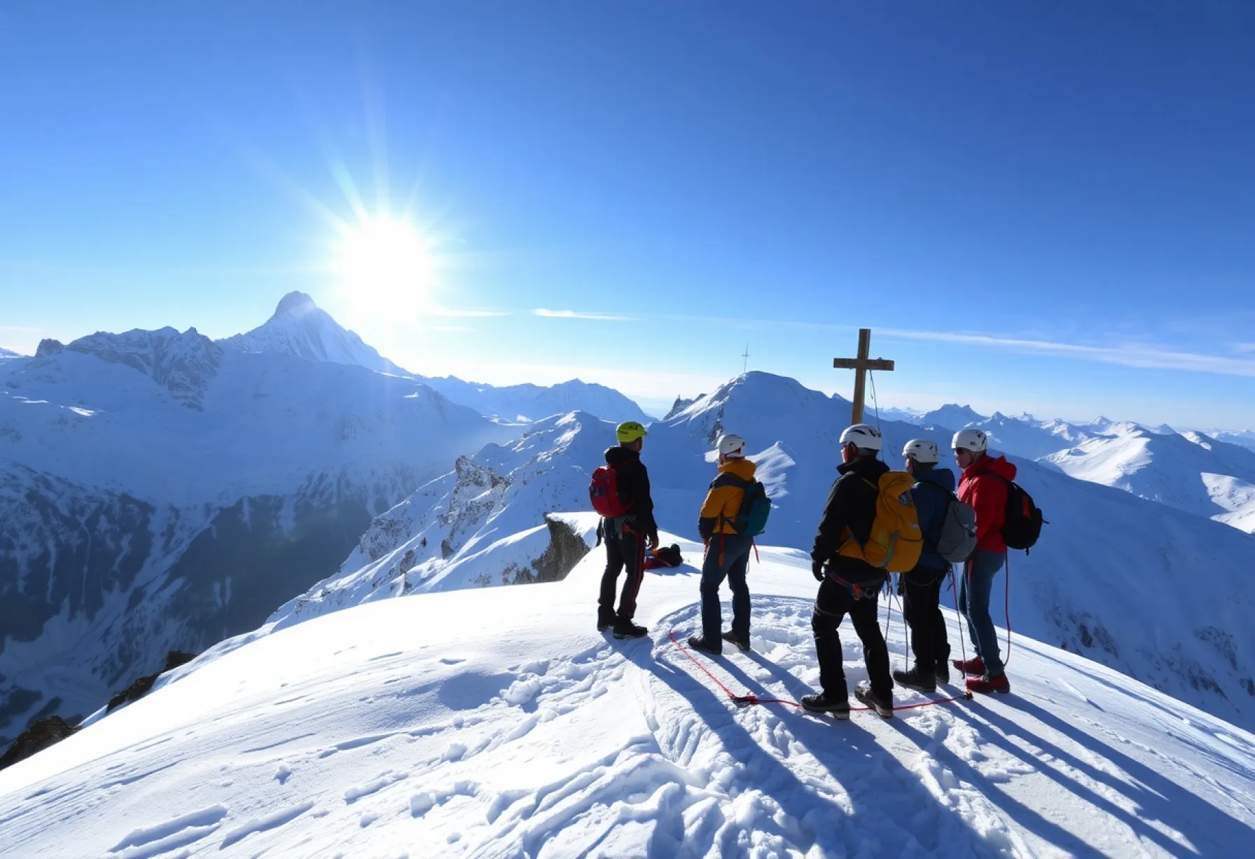 Wanderer auf dem Großglockner: Ein klarer Himmel über schneebedeckten Gipfeln und stiller Natur