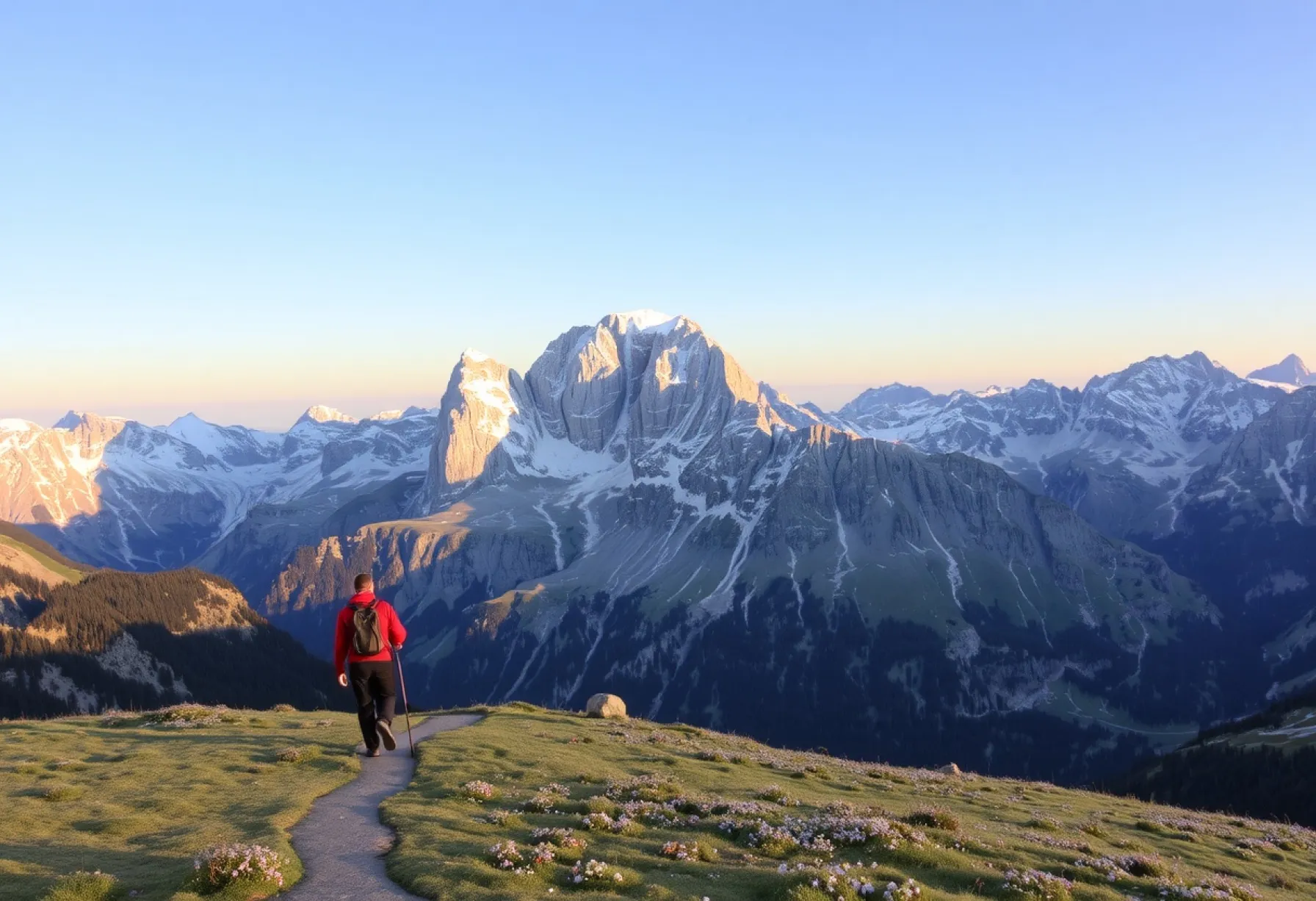 Landschaftsansicht der Dolomiten: Wanderer auf Pfaden, Alpenblumen und Alpendohle im milden Licht