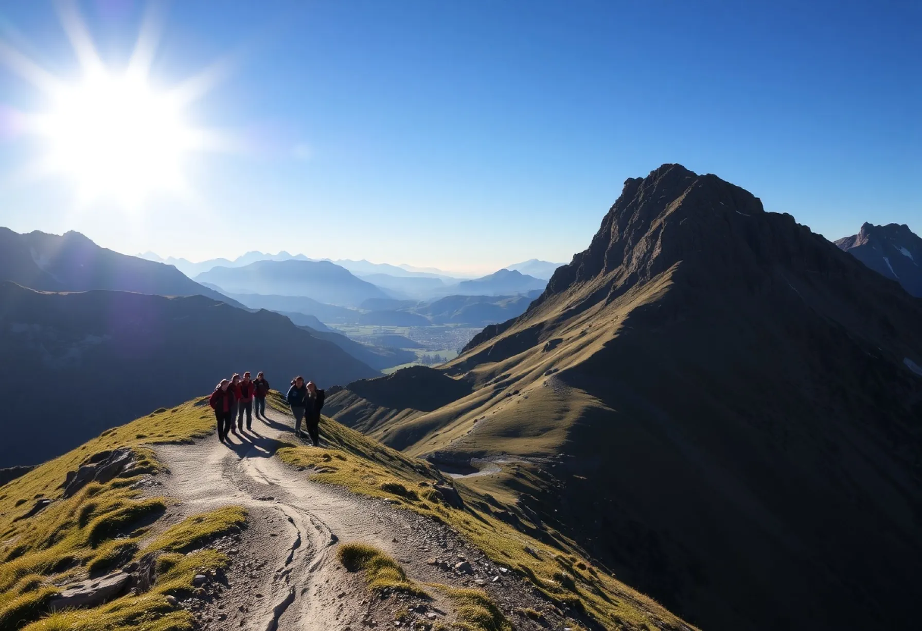 Wanderer auf einem Bergrücken mit weitem Talblick und Abendsonne im Hintergrund