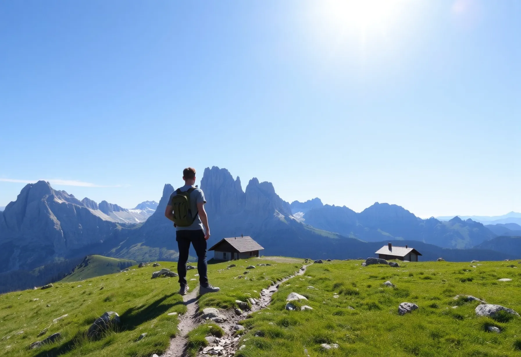Wanderer in den Dolomiten: Eine stille Berglandschaft im Sonnenlicht