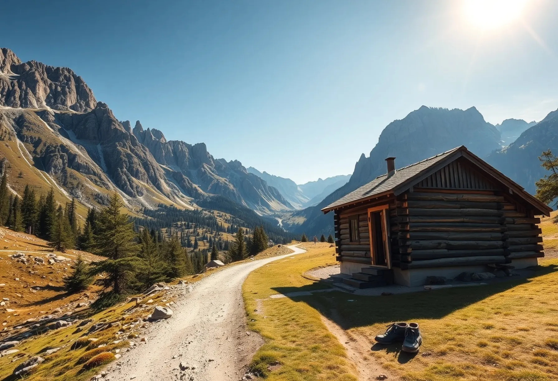 Wanderpfad und Berghütte in den Dolomiten: Eine Beschreibung der Landschaft und Umgebung