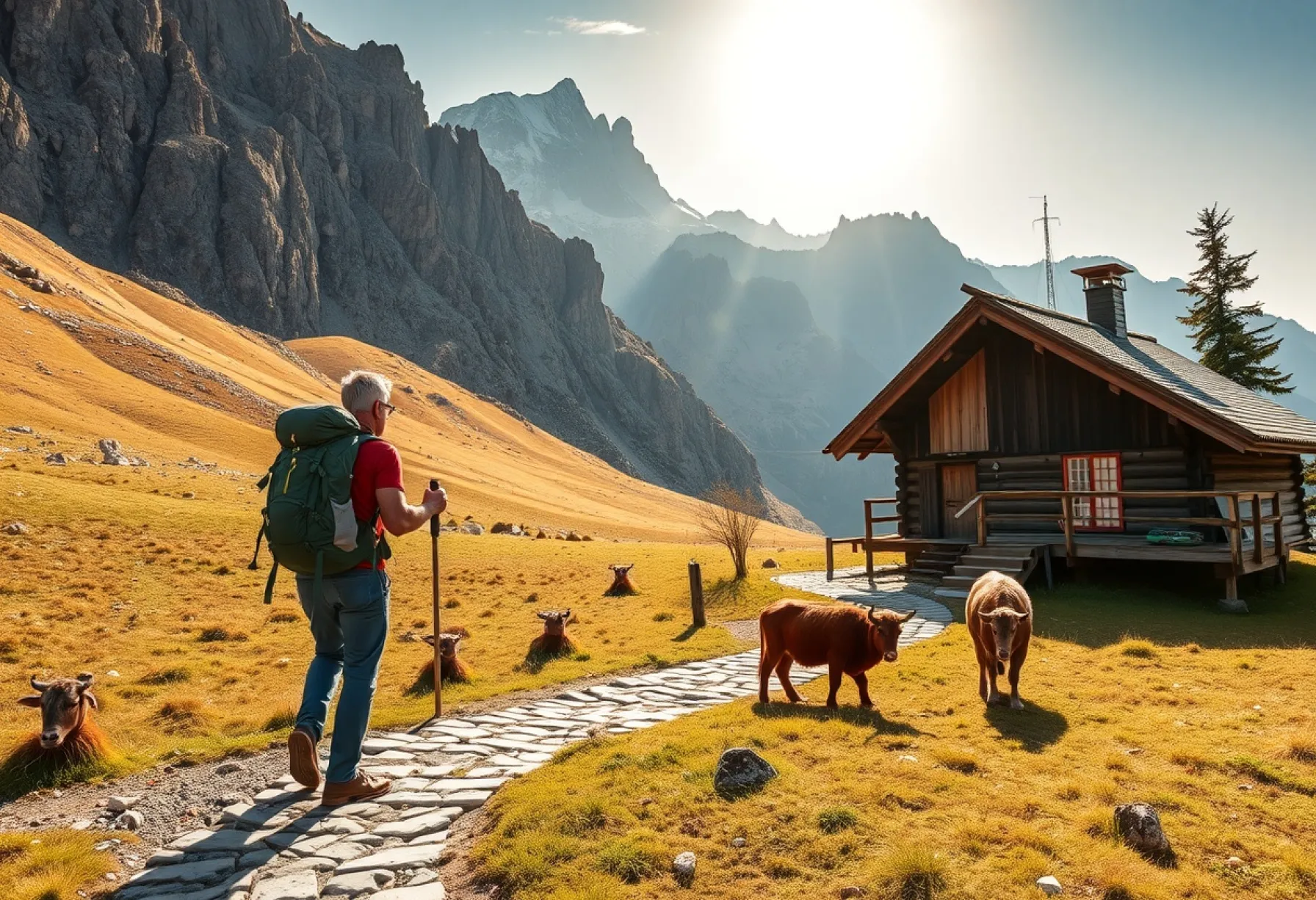 Wanderung in den Dolomiten: Berghütte am Schlern-Massiv und alpine Wiesen