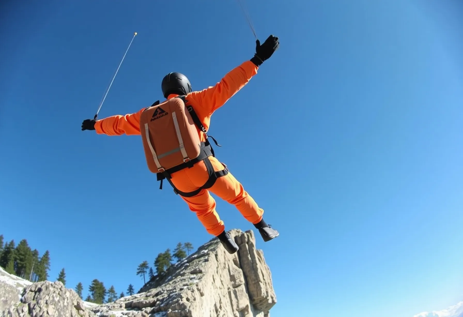Base-Jumper in leuchtendem Wingsuit beim Sprung von Felsklippe im Lauterbrunnental, Schweiz