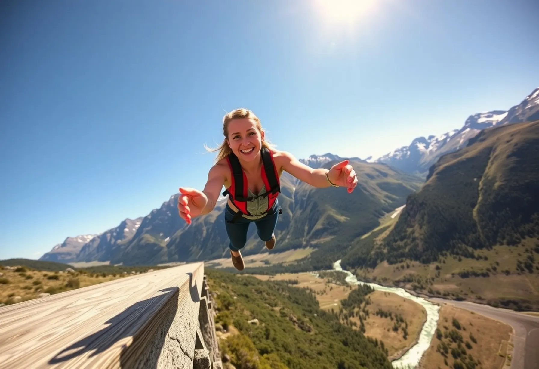 Bungee-Sprung einer Frau in Queenstown, Neuseeland: Momentaufnahme vor der Kulisse der Remarkables-Gebirgskette