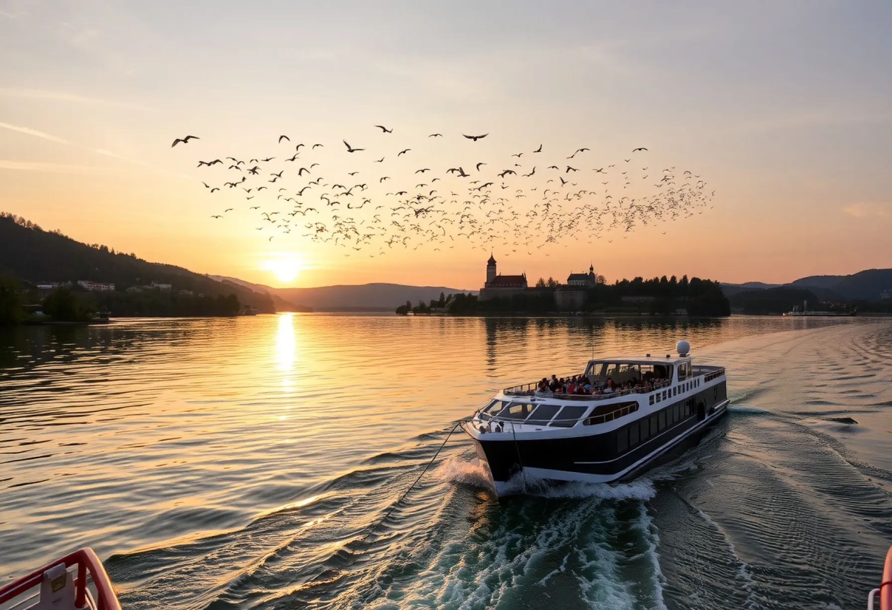 Flusskreuzfahrt auf der Donau: Passagiere genießen die Landschaft der Wachau und die Silhouette der Burg Aggstein