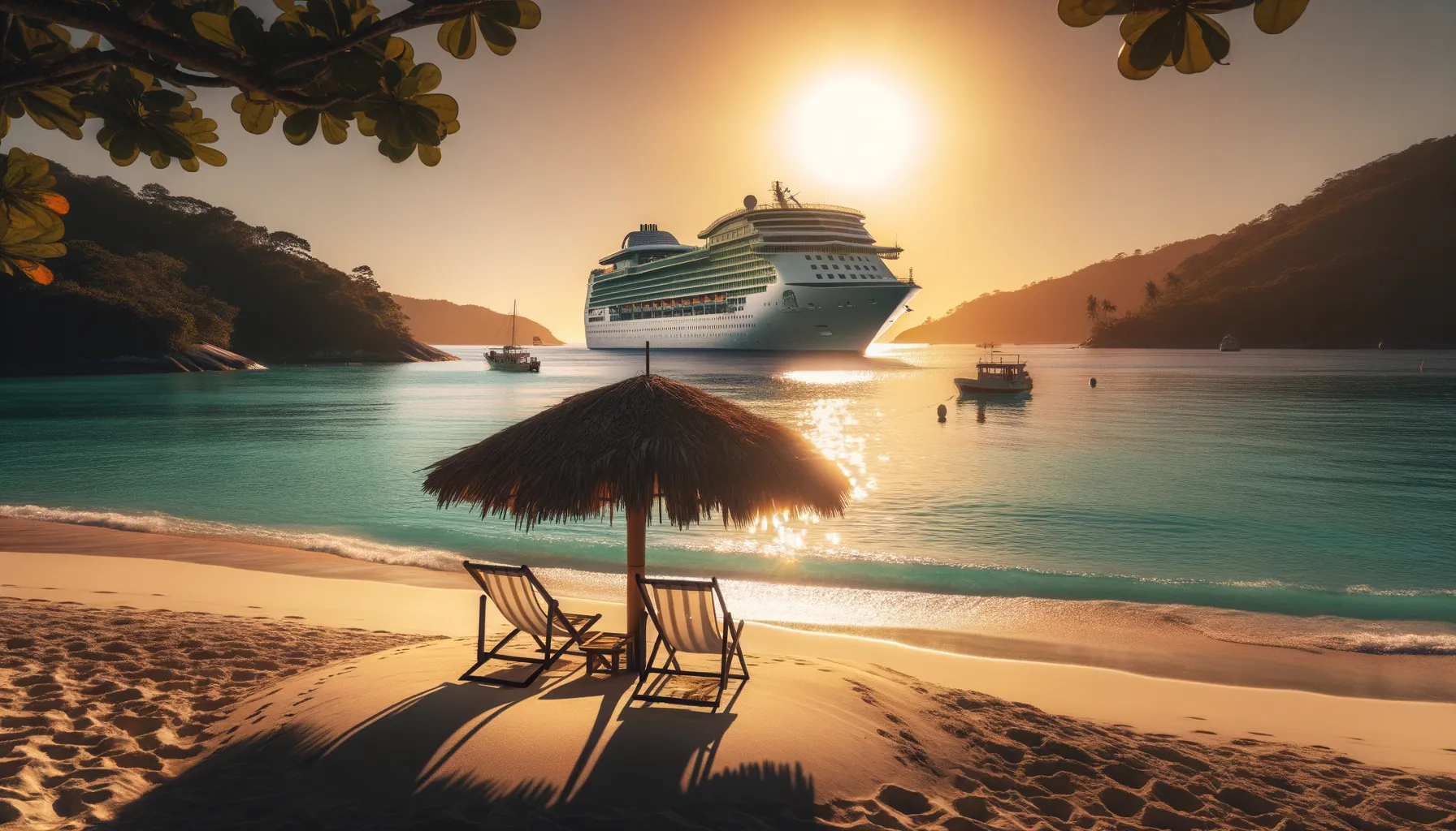 Kreuzfahrtschiff vor tropischer Insel in ruhiger Bucht bei Sonnenuntergang