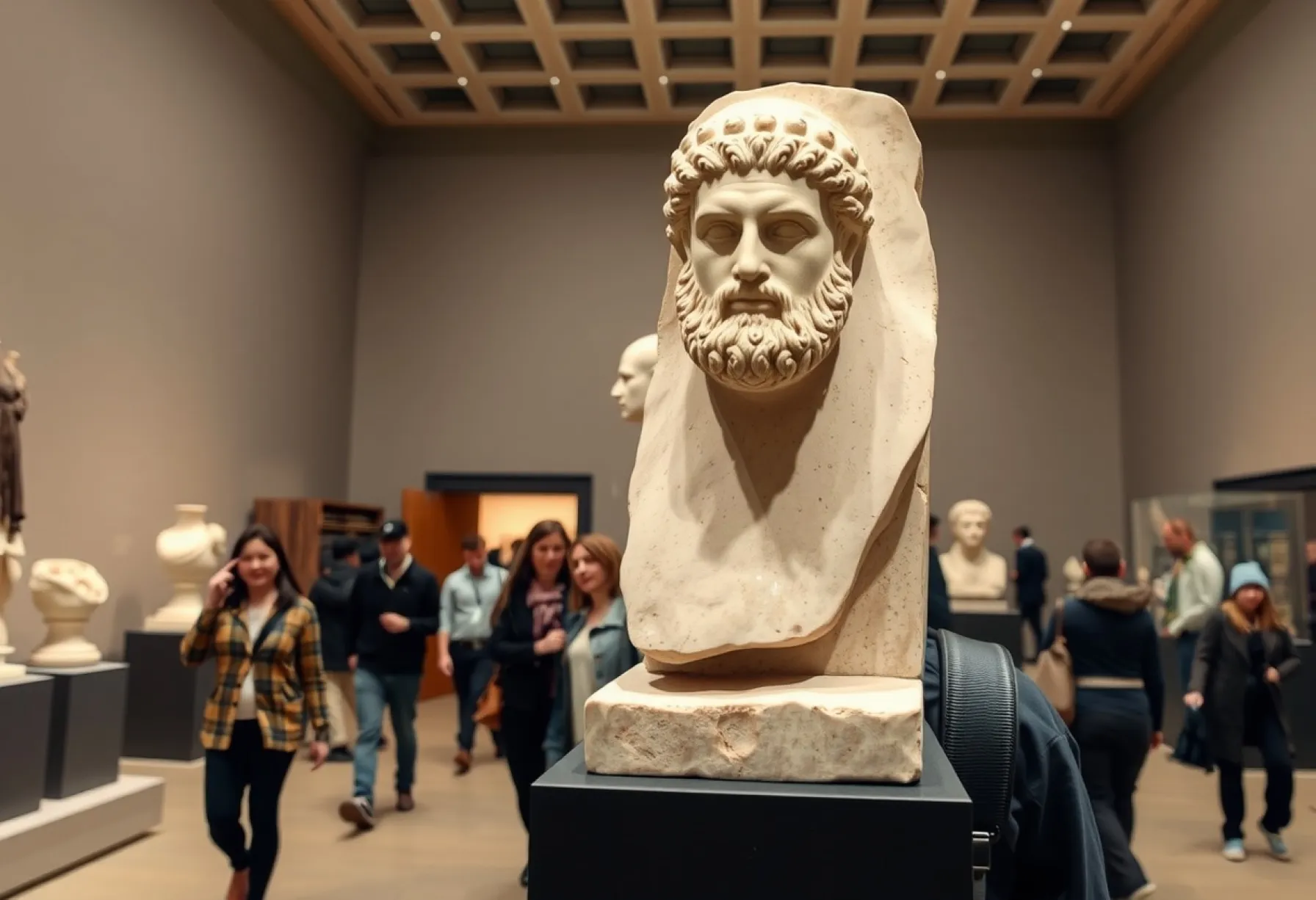 Besucher betrachtet antike griechische Skulptur im British Museum
