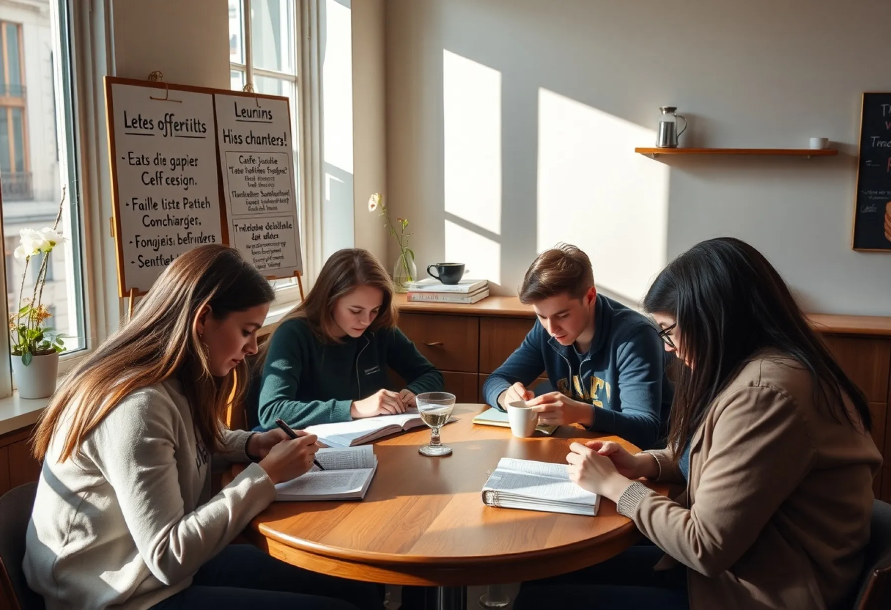 Lernatmosphäre in einem Pariser Café: Junge Erwachsene beim Französischstudium
