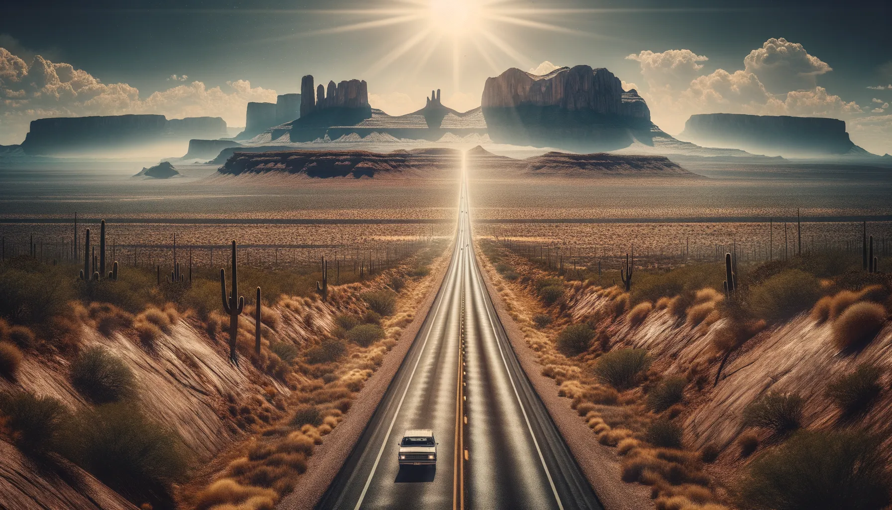 Highway durch die Wüstenlandschaft Arizonas: Eine stille Szenerie mit Kakteen und Red Rock Mountains