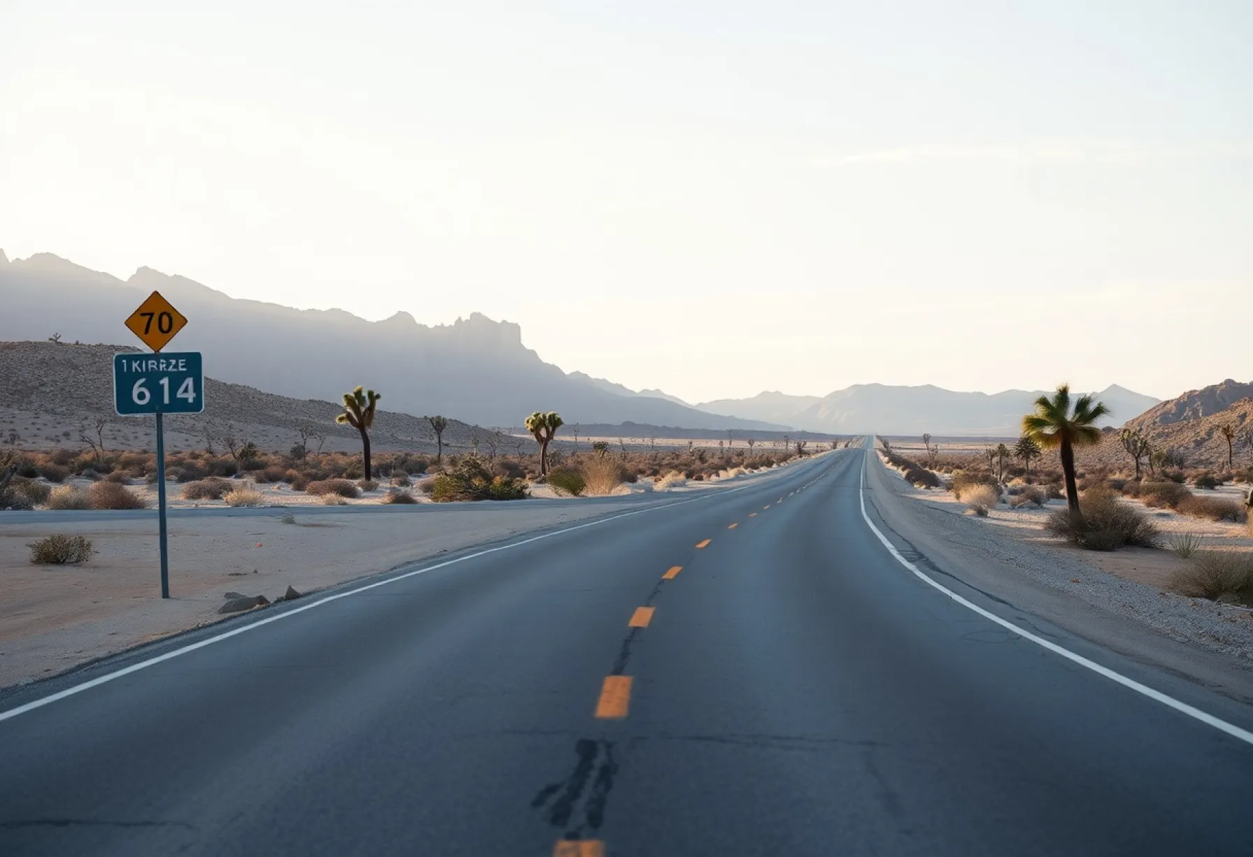 Verlassene Straße in der Mojave-Wüste mit Blick auf Joshua Trees und Black Mountains im Abendlicht