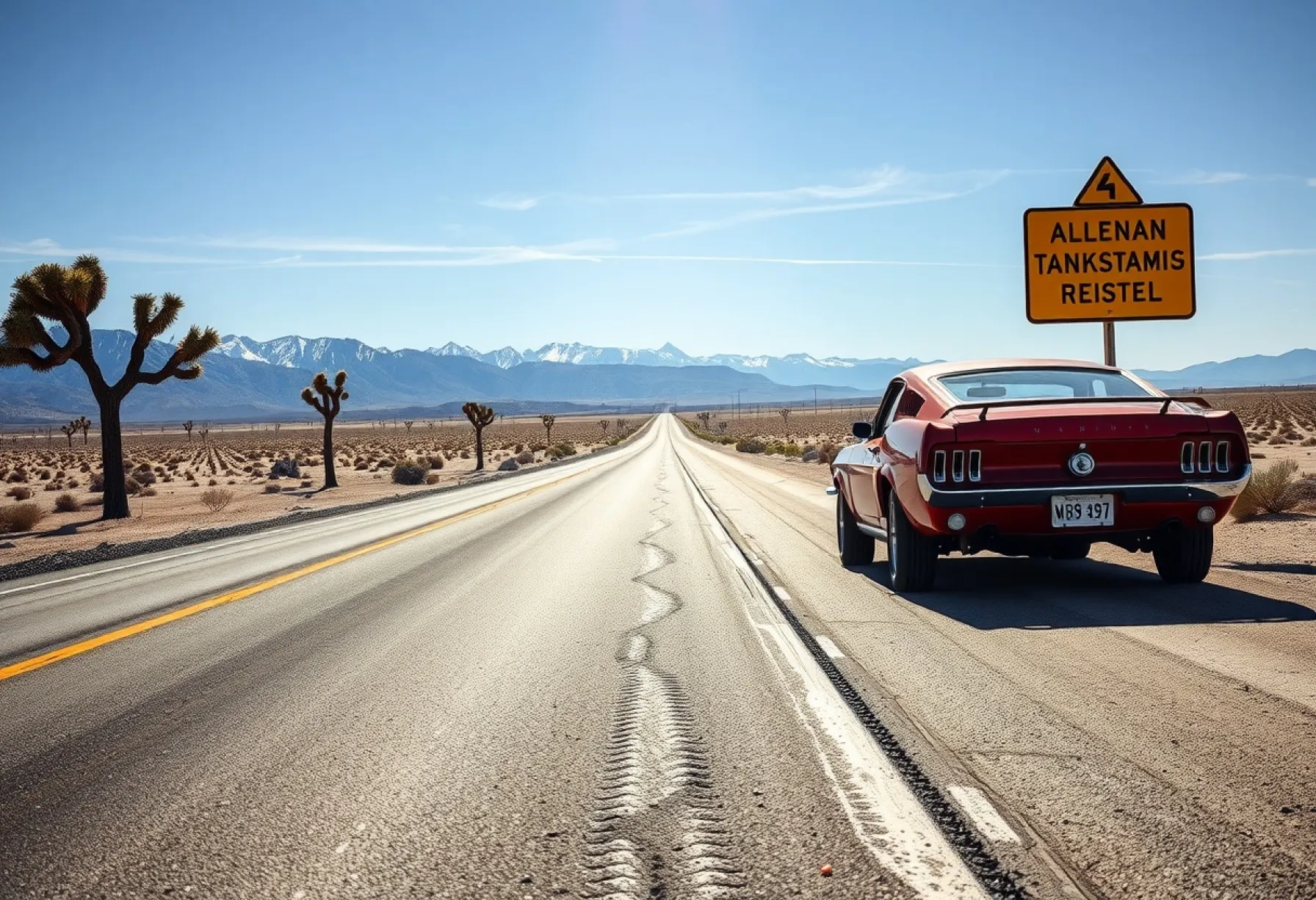 Wüstenlandschaft in Nevada: Verlassener Ford Mustang und einsamer Geier