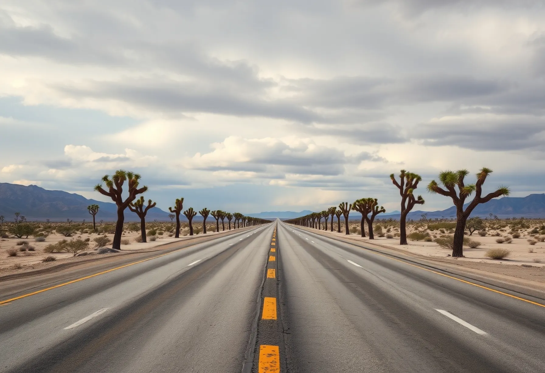 Einsame Straße durch die Mojave-Wüste: Landschaftsbeschreibung und Winterankündigung