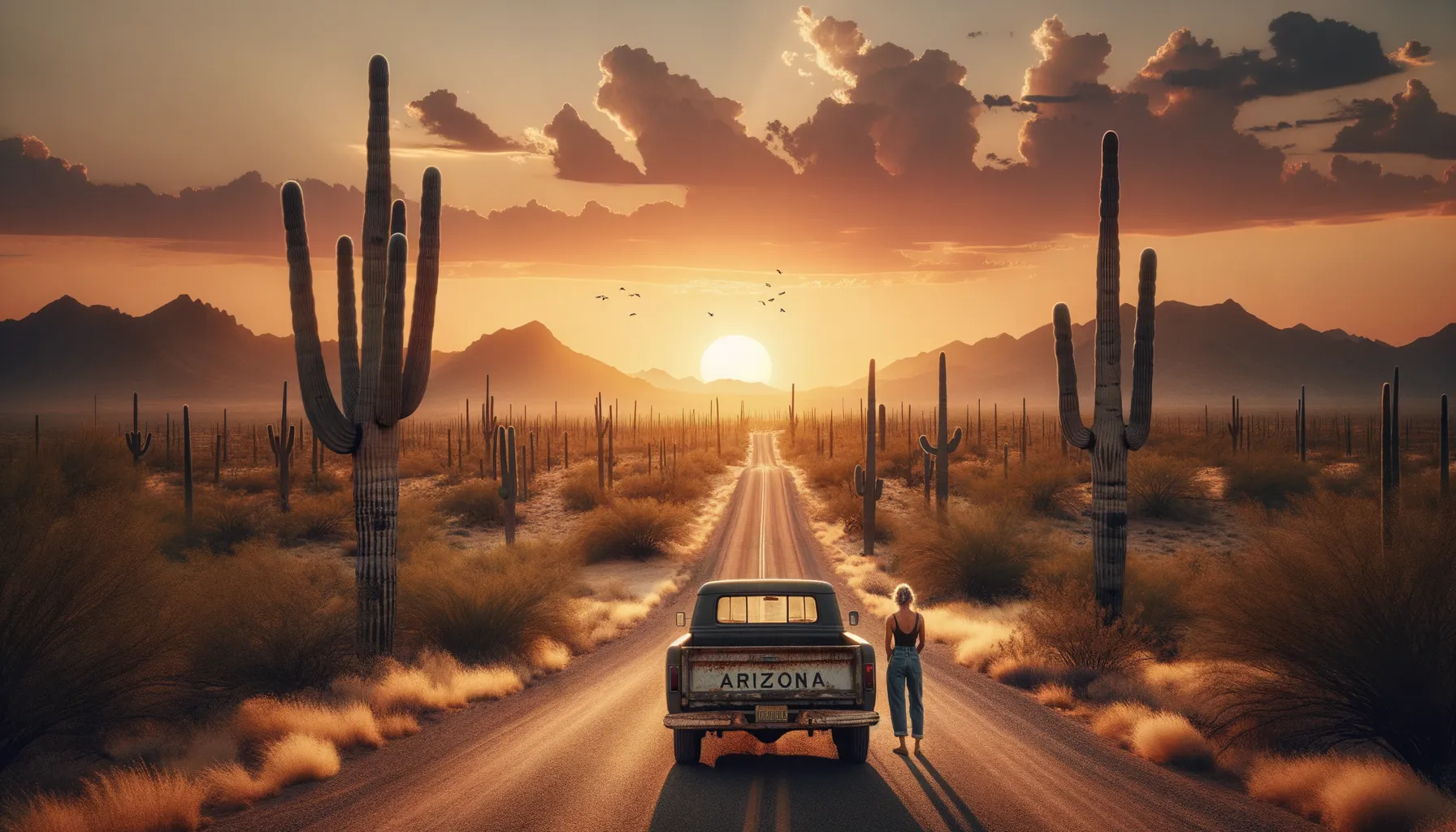 Frau betrachtet Sonnenuntergang in Arizonas Wüste neben Pickup-Truck
