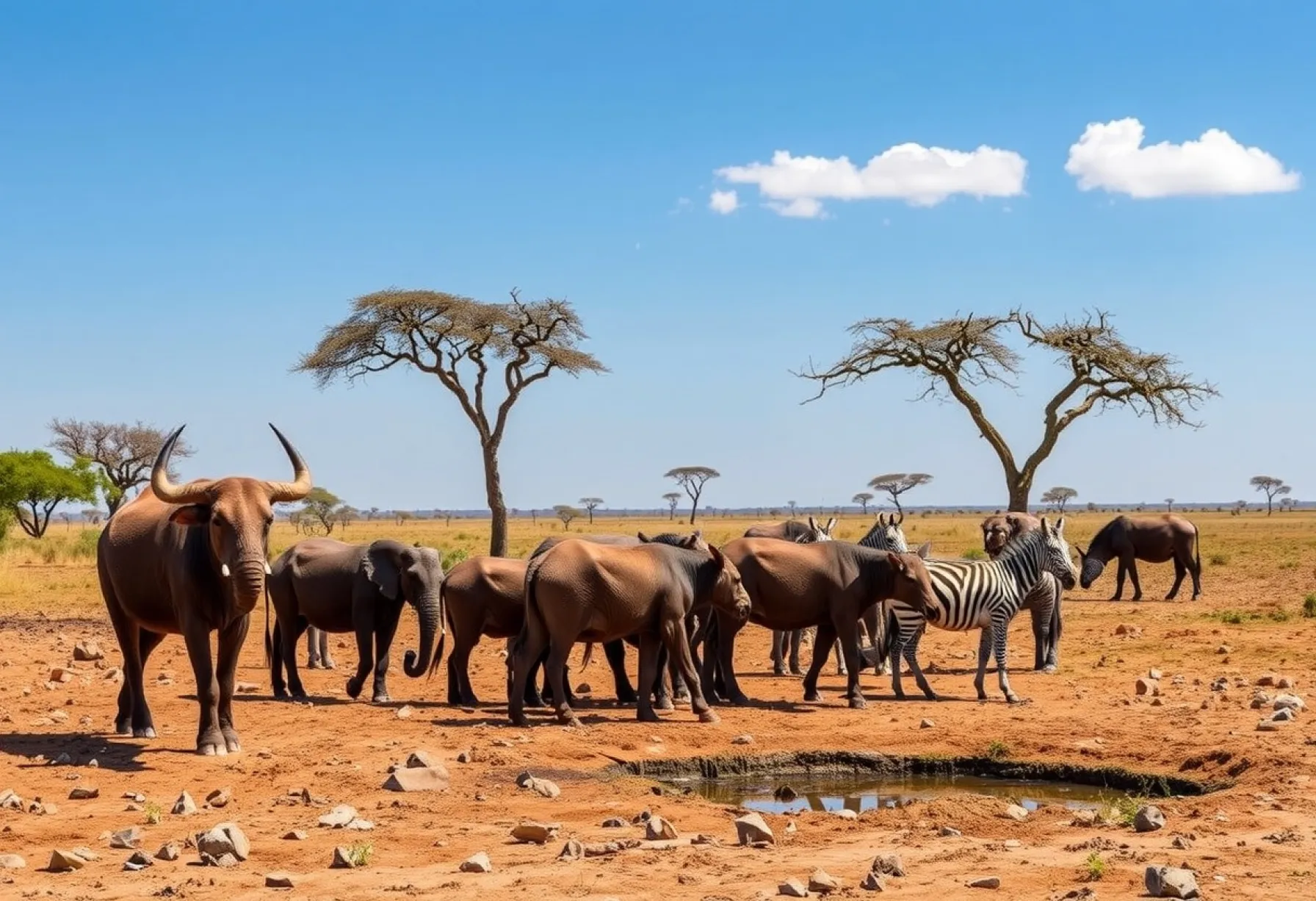 Elefantenherde bewegt sich in der Serengeti zum Wasserloch