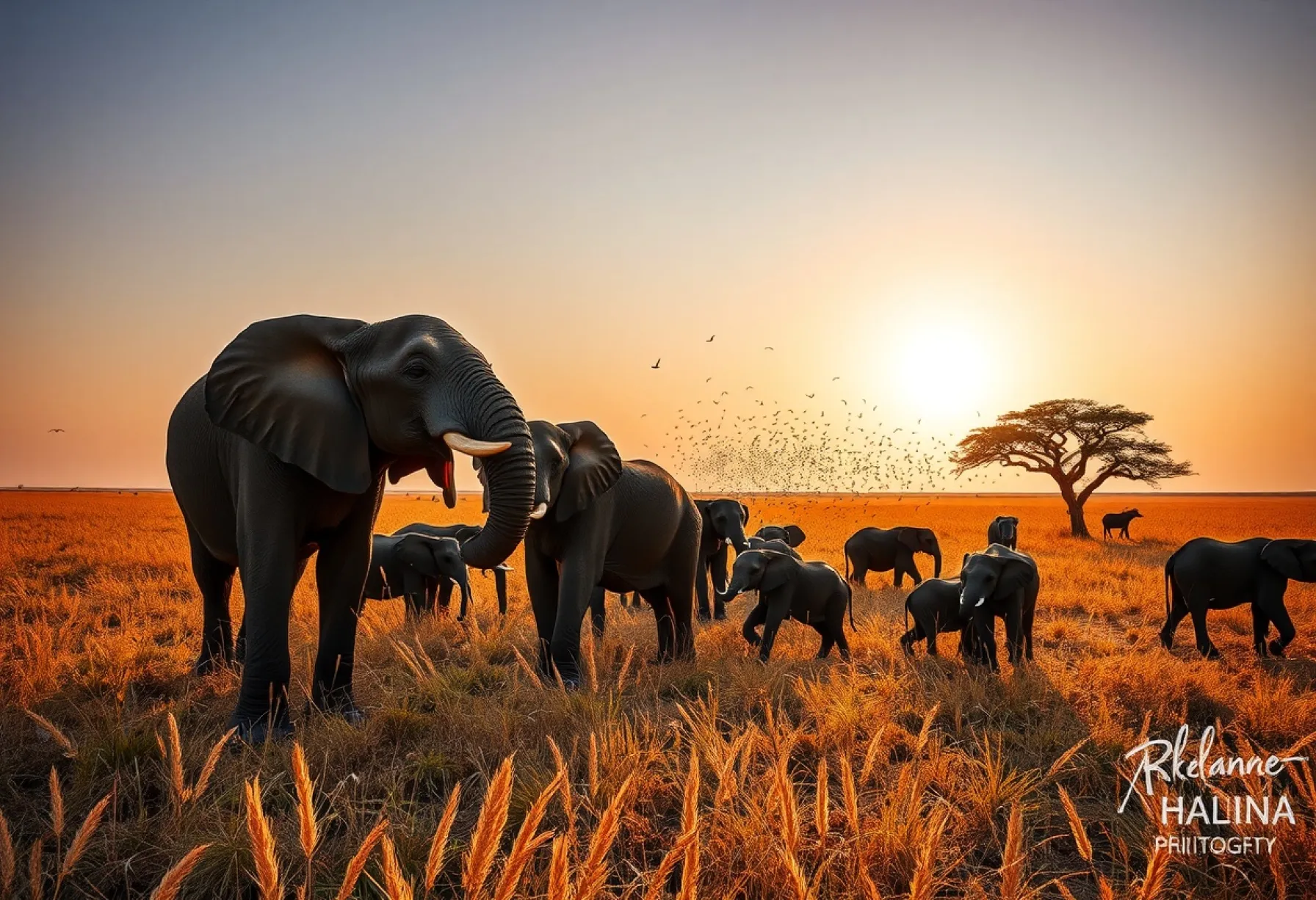 Elefantenherde in der Serengeti: Natürliche Harmonie im Abendlicht