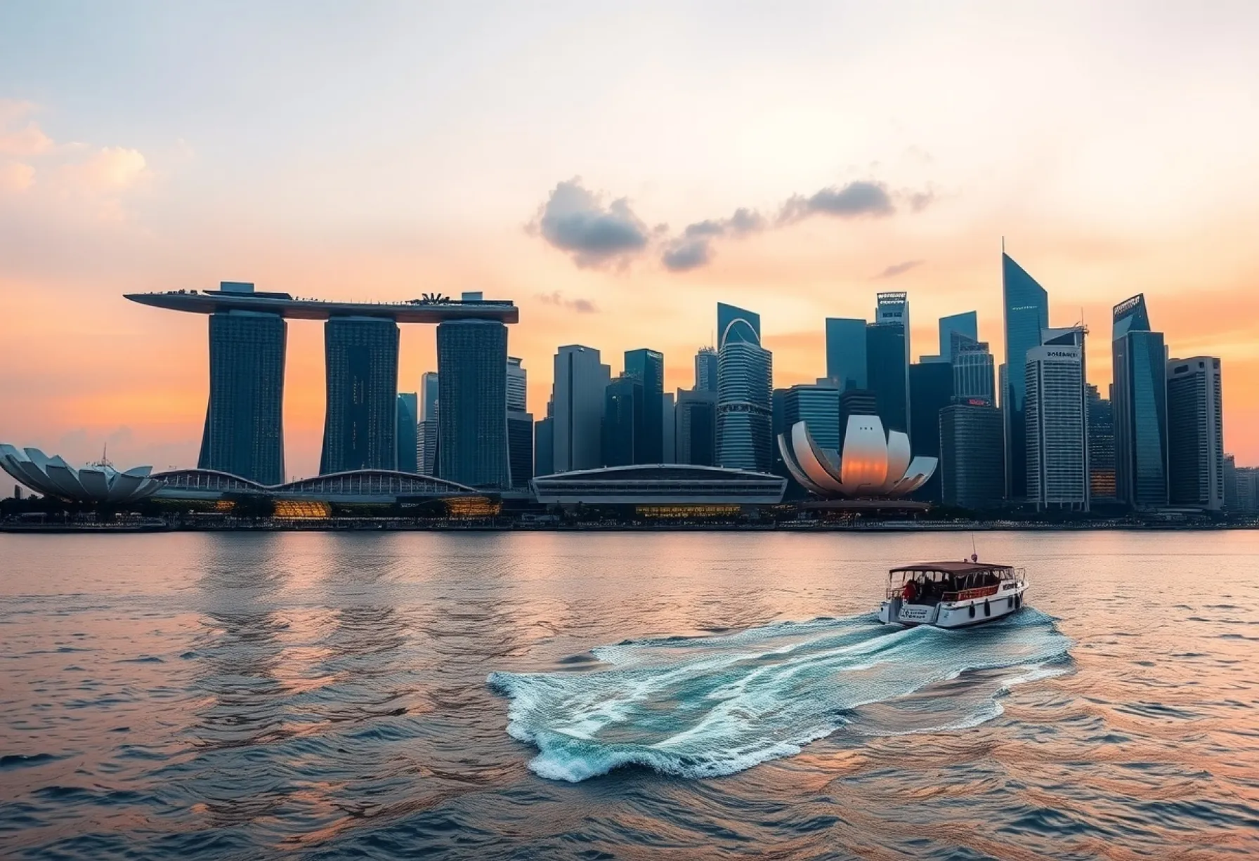Skyline von Singapur bei Dämmerung: Marina Bay Sands und ArtScience Museum im Vordergrund, Finanzviertel im Hintergrund