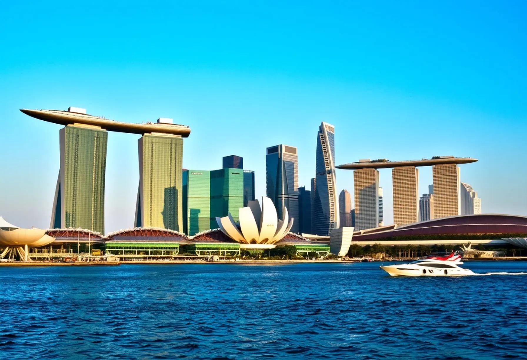 Skyline von Singapur bei Sonnenaufgang: Marina Bay Sands, ArtScience Museum und Central Business District