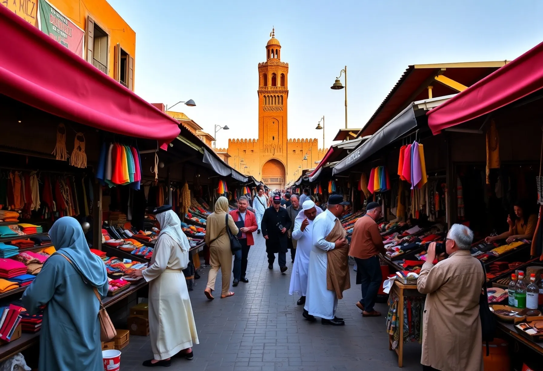 Marktplatz in Marrakesch: Vielfalt von Ständen und Architektur im Abendlicht