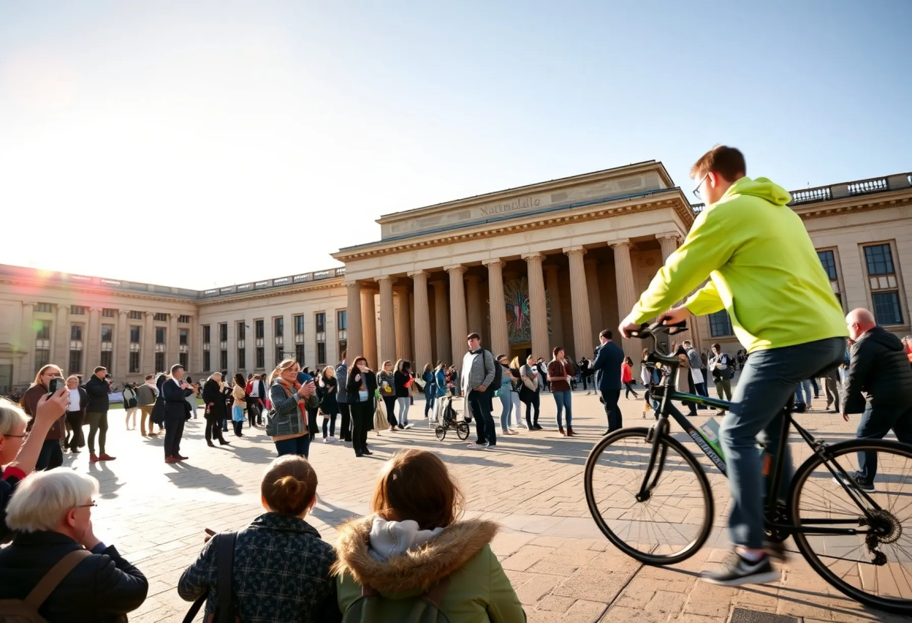Belebter Platz vor der Berliner Nationalgalerie: Touristen, Straßenkünstler und Fahrradkurier im Alltagsszenario