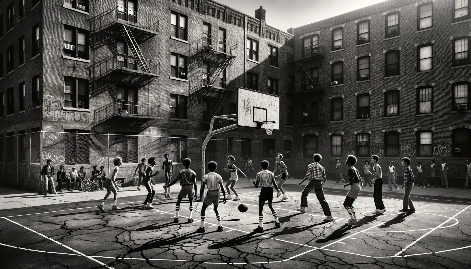 Jugendliche auf einem Basketballplatz im Chicago der 1980er Jahre