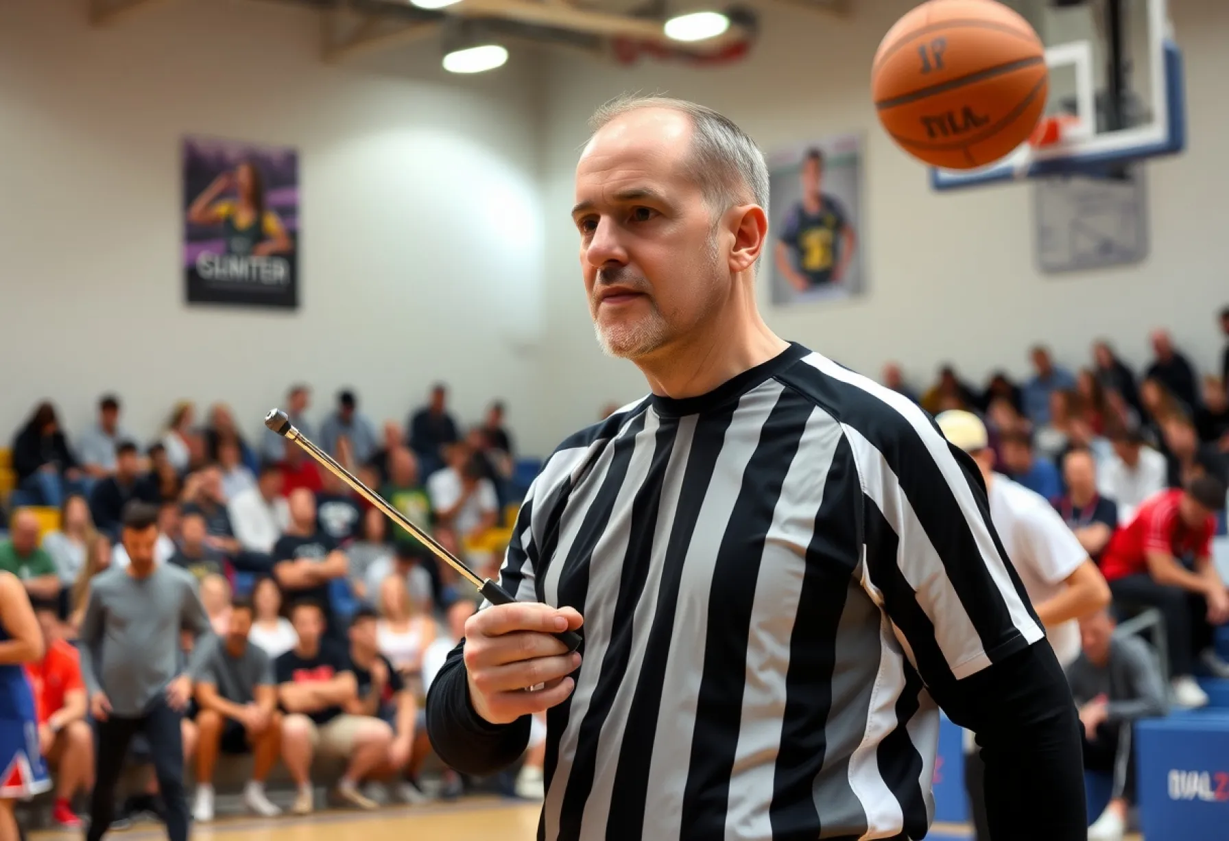 Schiedsrichter in konzentrierter Pause während Basketballspiel in Berliner Turnhalle