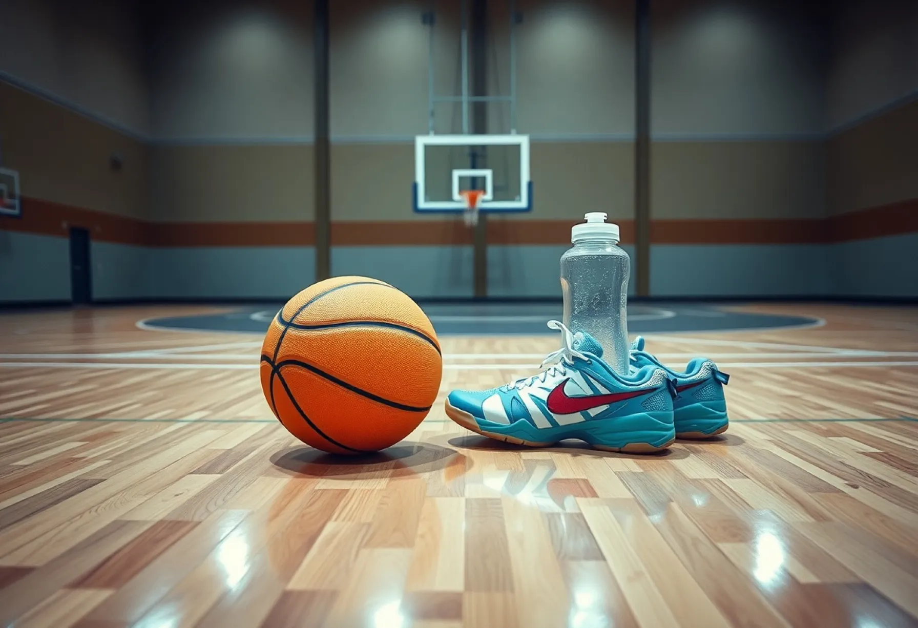 Stillleben einer verlassenen Sporthalle mit Basketball und Ausrüstungsgegenständen
