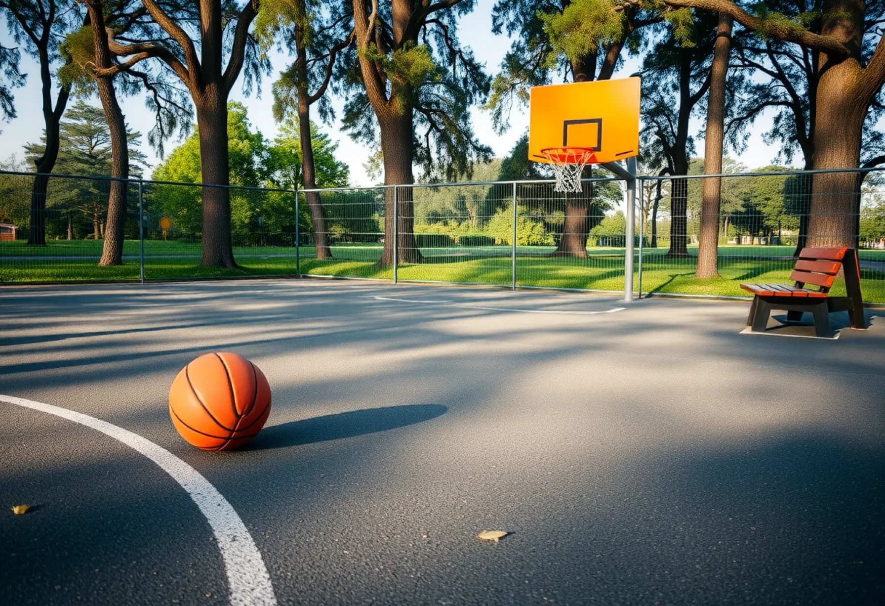 Freiluft-Basketballplatz in ruhiger Waldkulisse mit Nutzungsspuren und Spielvorfreude