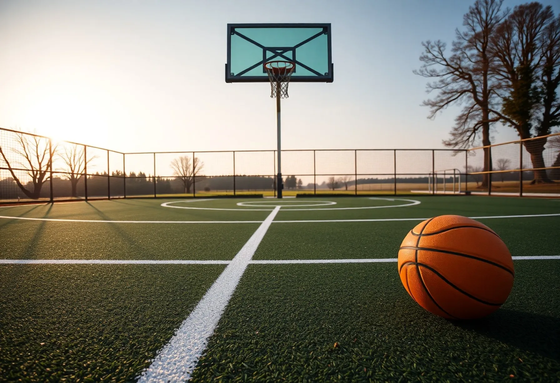 Stille Morgenstimmung auf einem unbespielten Basketballfeld