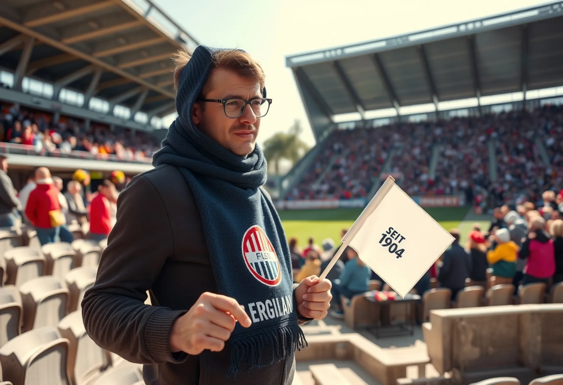 Fußballfan im süddeutschen Stadion mit Vereinsfahne und -schal während der Halbzeitpause