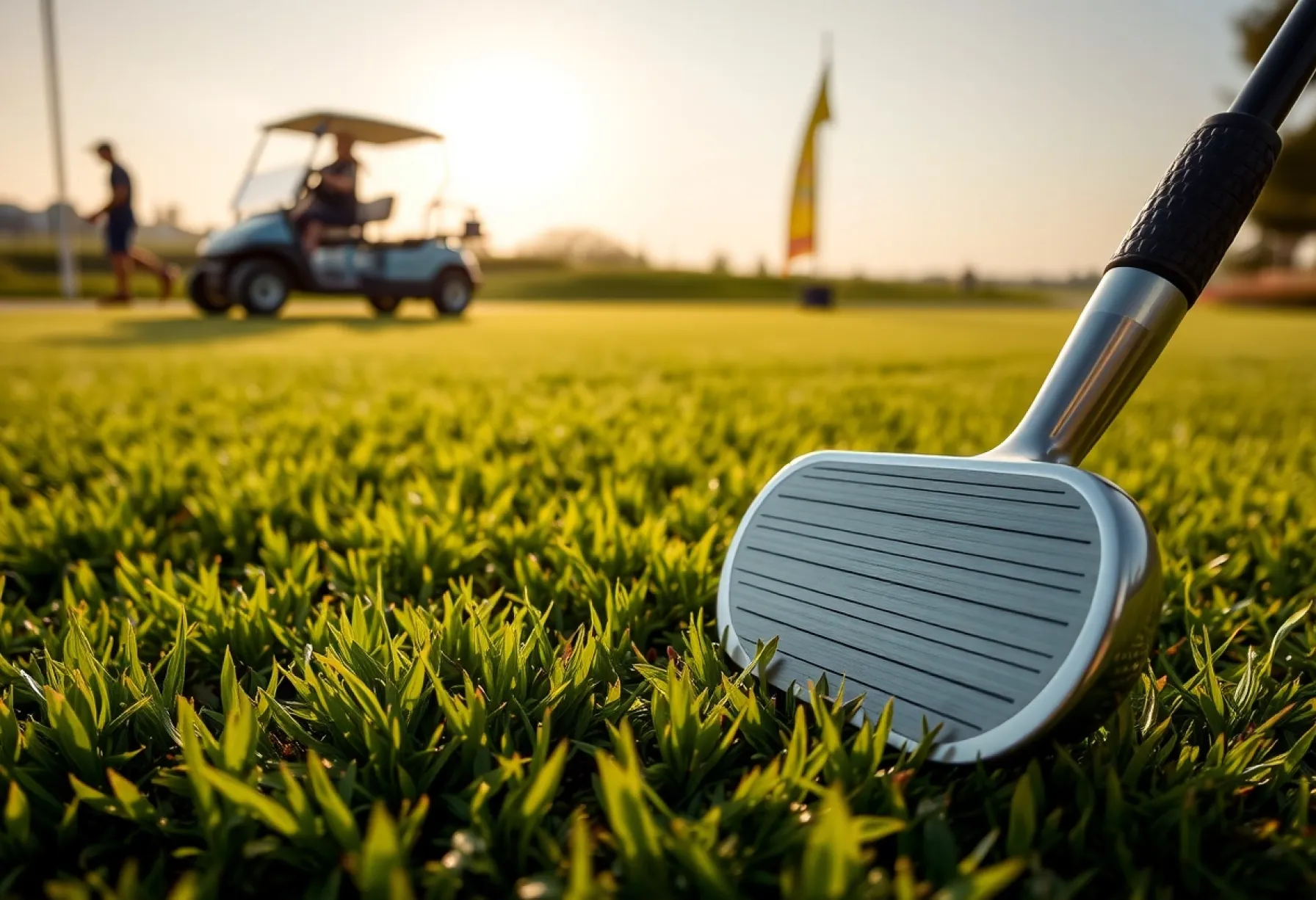 Golfschläger auf morgendlichem Grün mit Golfcart und Fahnenmast im Hintergrund