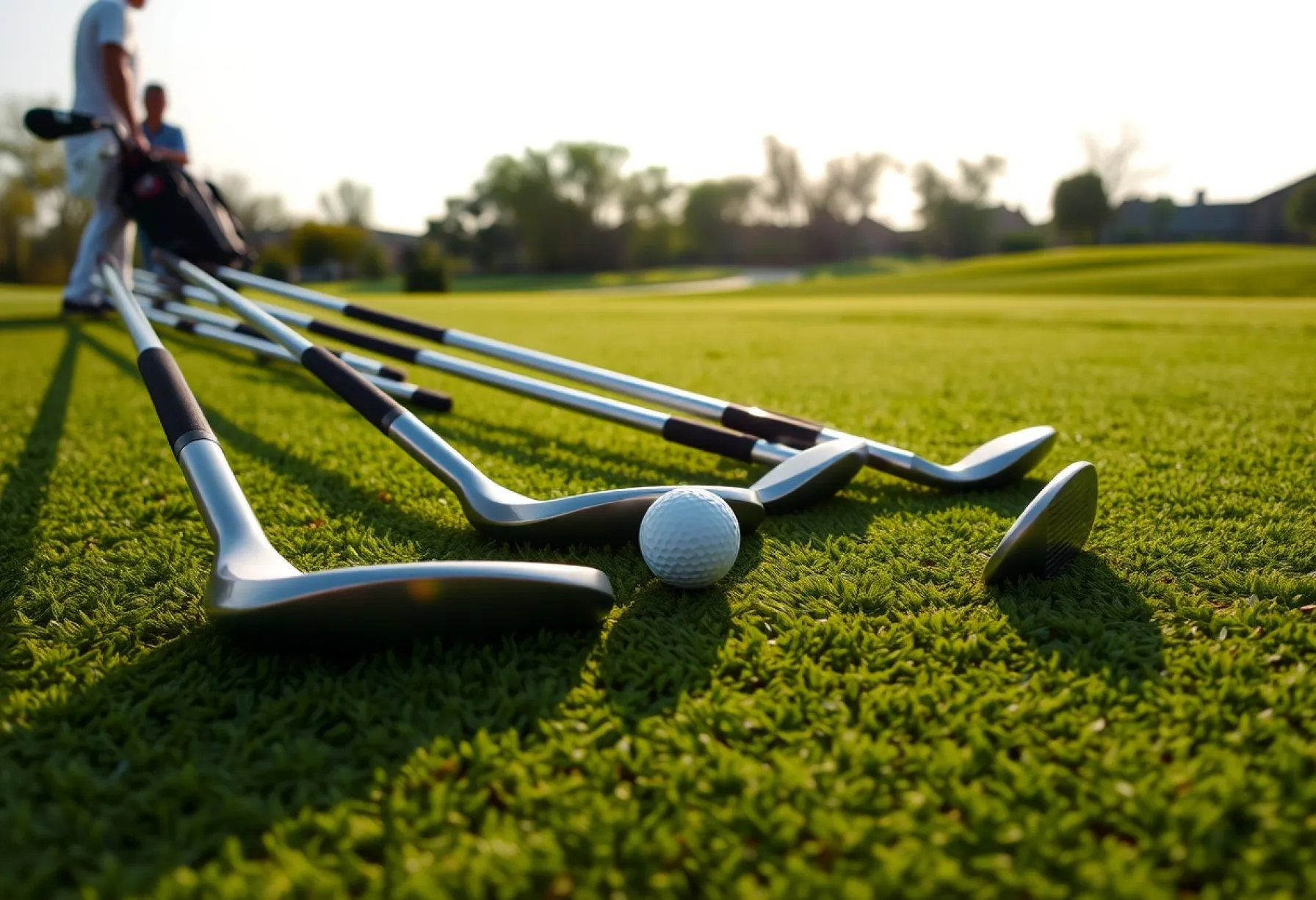 Golfschläger-Set auf dem Rasen eines Golfplatzes unter tief stehender Sonne.