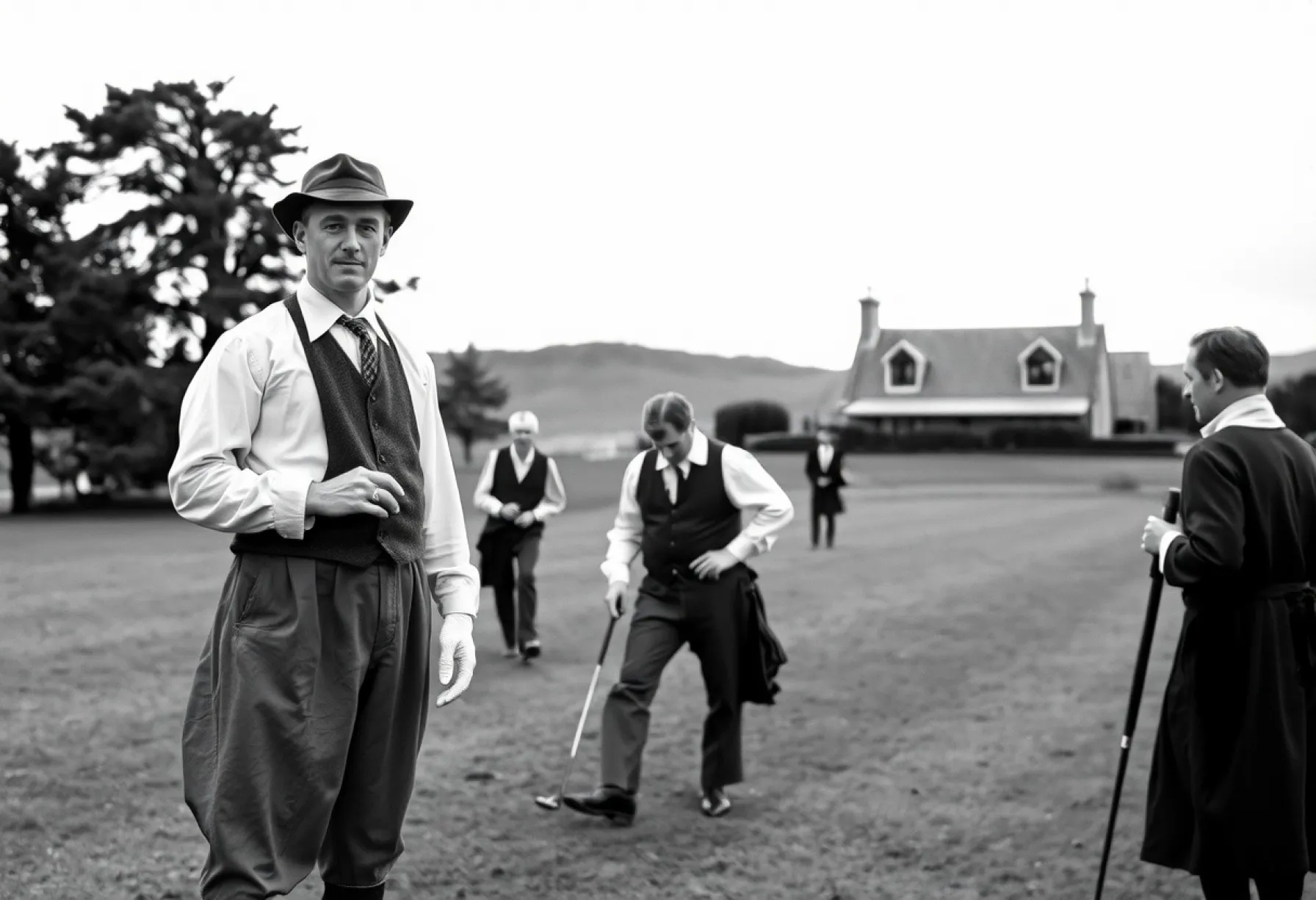 Historisches Foto eines schottischen Golfplatzes von 1895 mit Golfer in traditioneller Kleidung und Caddies im Hintergrund