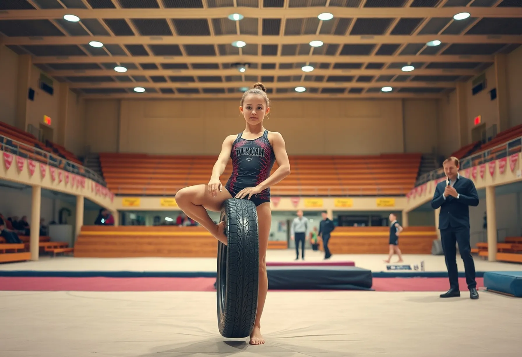 Gymnastik: Junge Athletin in anspruchsvoller Pose während Training in Turnhalle