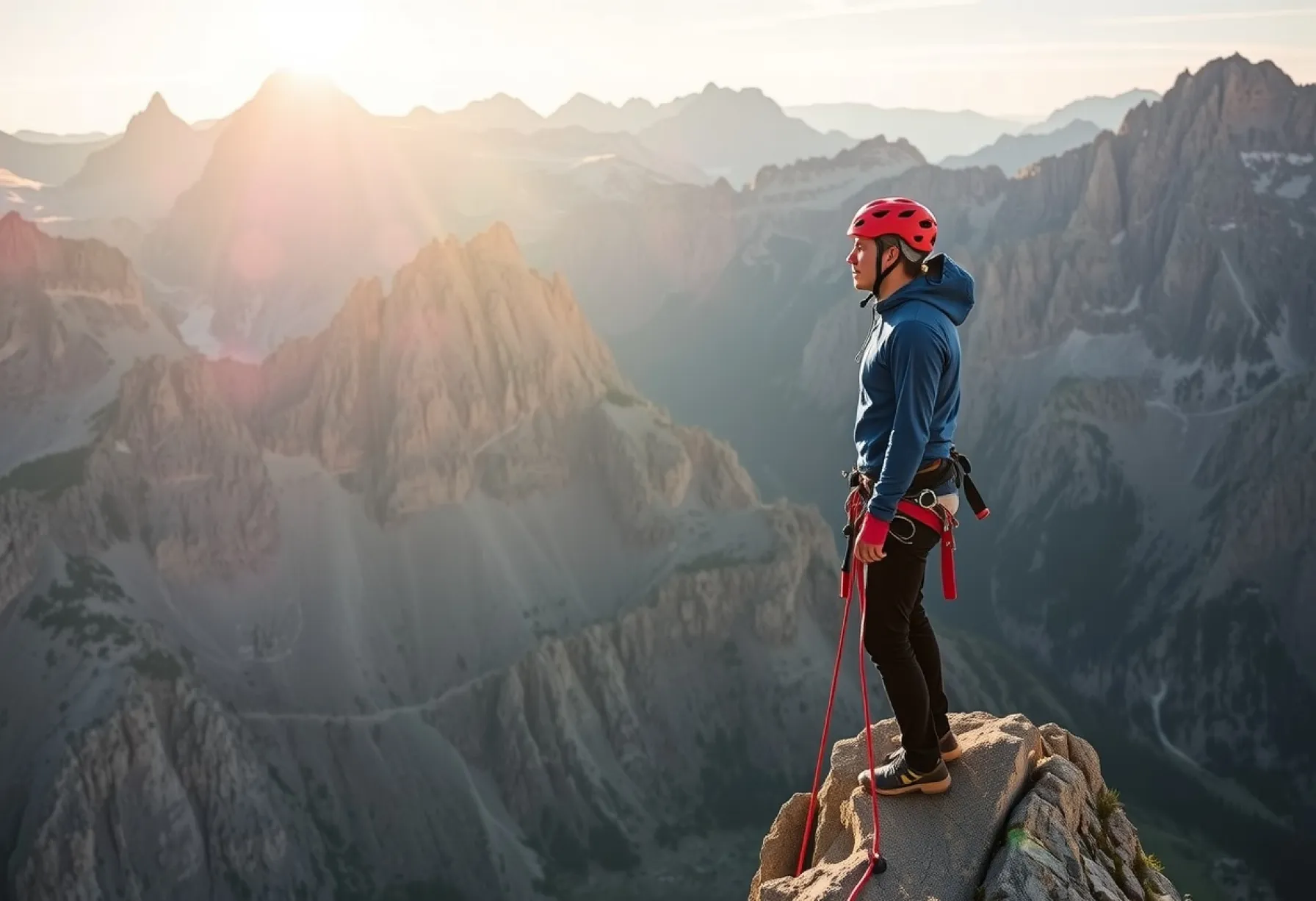 Kletterer auf Felsvorsprung in den Dolomiten: Sicherheitsausrüstung und Landschaftsbeschreibung