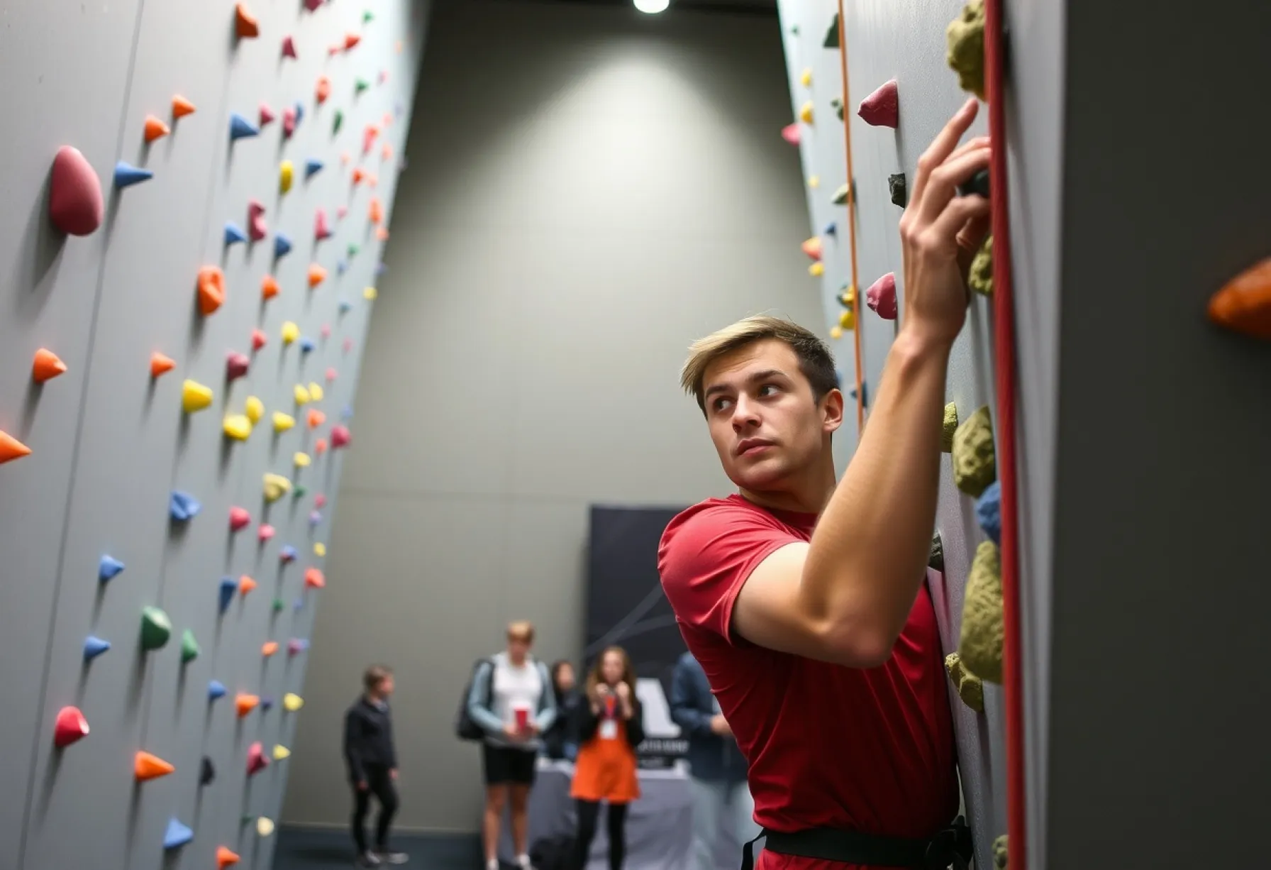 Lead Climbing Wettbewerb in den Alpen: Athlet meistert schwierige Route in Kletterhalle bei Innsbruck