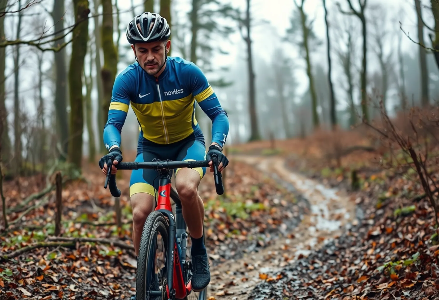 Cyclocross-Fahrer bewältigt matschige Waldstrecke im Regen mit Fokus und Geschicklichkeit