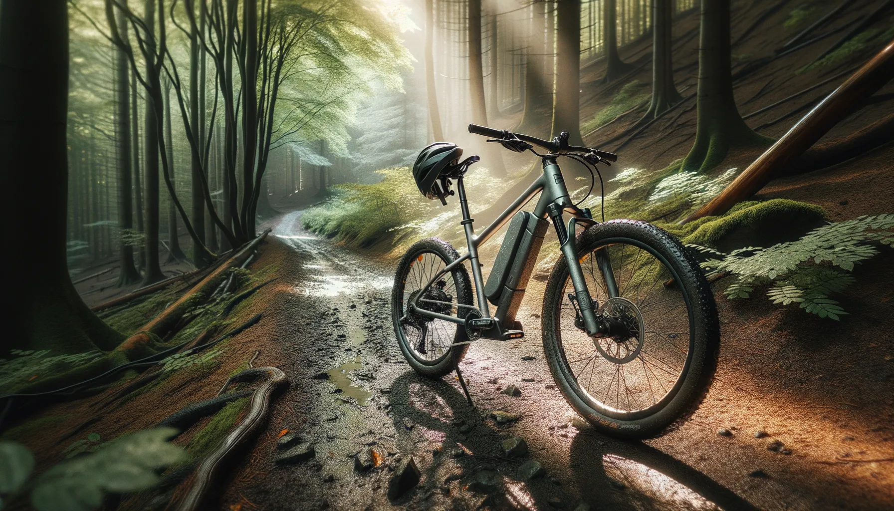 E-Bike auf Waldweg mit digitalem Display und Helm am Lenker