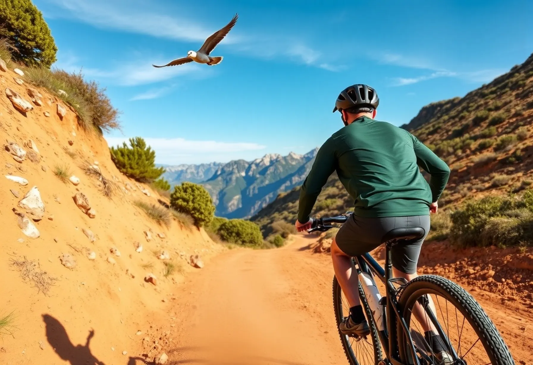 Mountainbiker auf steinigem Abhang in den Alpen bei Nachmittagssonne