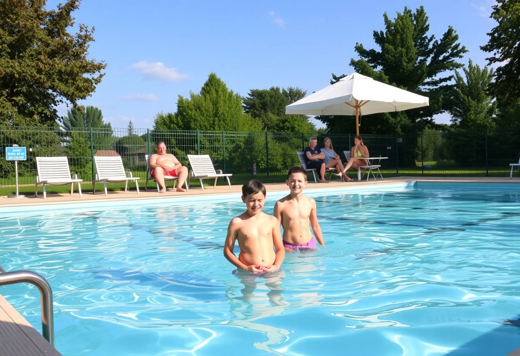 Ein Sommertag im Freibad: Kinder beim Spielen, entspannte Badegäste und aufmerksame Aufsicht im Vorort von München