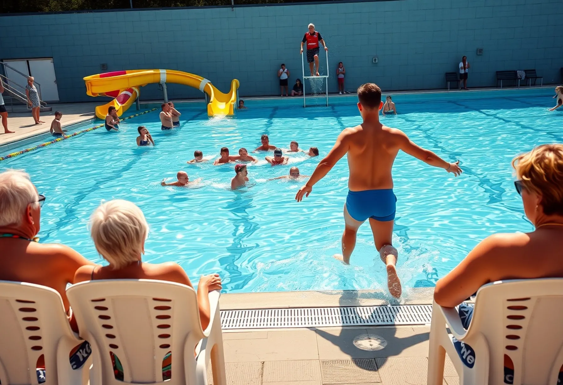 Ein typischer Sommertag im Freibad: Schwimmer, Familien und Jugendliche genießen die Sonne und das Wasser.