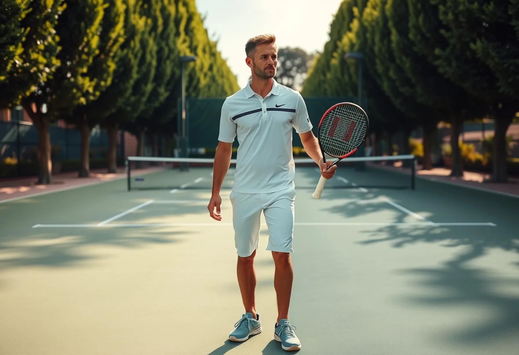Professioneller Tennisspieler beim Aufschlag auf einem Hartplatz